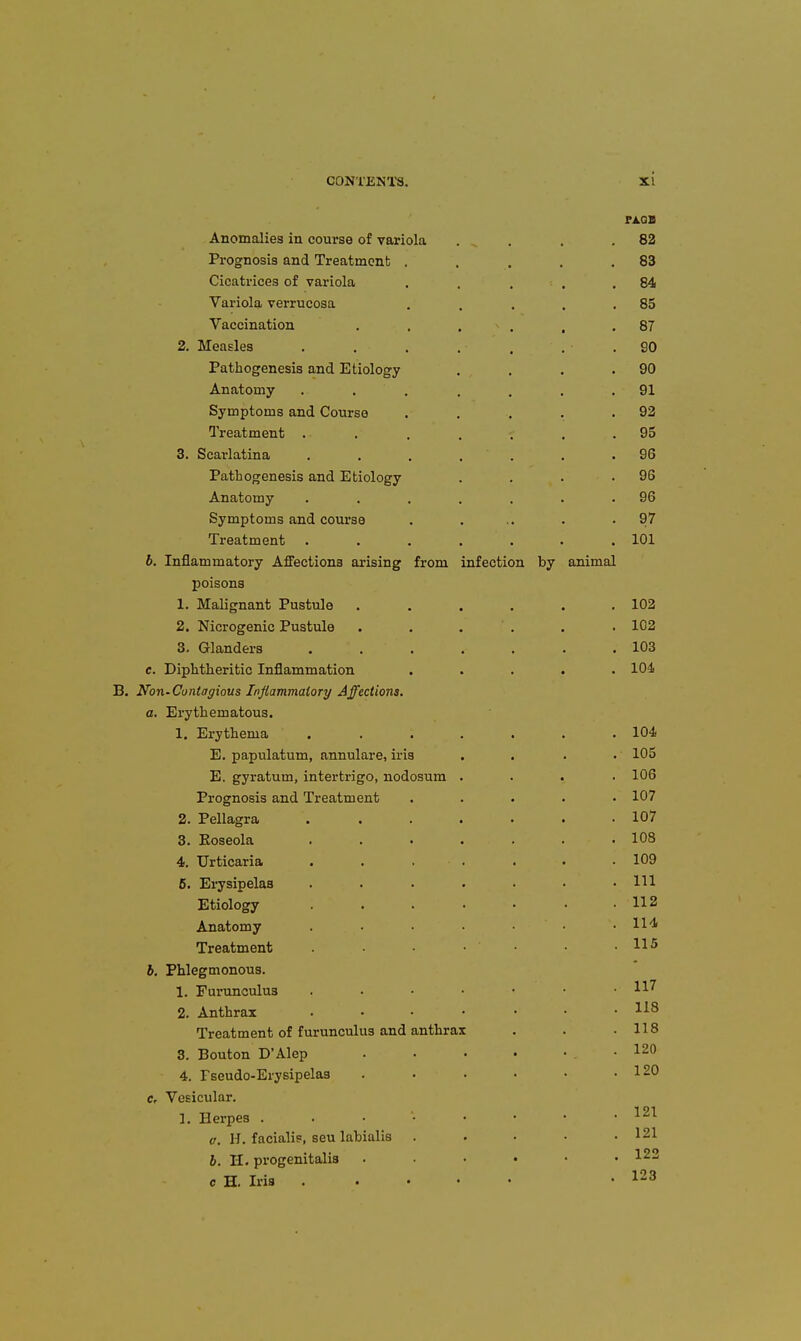 FJlQV Anomalies in course of variola . . . .82 Prognosis and Treatment . . . . .83 Cicatrices of variola , . . . .84 Variola verrucosa . . . . .85 Vaccination . . . . , .87 2. Measles . . , . . . . 90 Pathogenesis and Etiology . . . .90 Anatomy . . . . . . .91 Symptoms and Course . . . . .92 Treatment ....... 95 3. Scarlatina . . . . . . .96 Pathogenesis and Etiology . . . .96 Anatomy . . . . . . .96 Symptoms and course . . .. . -97 Treatment ....... 101 b. Inflammatory Affections arising from infection by animal poisons 1. Malignant Pustule ...... 102 2. Nicrogenic Pustule . . . ' . . . 102 8, Glanders . . . . . . .103 c. Diphtheritic Inflammation ..... 104 B. Nbn-Contagious Inflammatory Affections. a. Erythematous. 1. Erythema ....... 104 E. papulatum, annulare, iris . . . . 105 E. gyratum, intertrigo, nodosum .... 106 Prognosis and Treatment ..... 107 2. Pellagra . . . . • • .107 3. Eoseola . . . . . . .108 4. Urticaria . . . . . • • 109 6. Ei7sipelas ....... Ill Etiology . . . . • • .112 Anatomy . • • • • .114 Treatment . • ■ • • .115 6. Phlegmonous. 1. Furunculus 2. Anthrax ... . ... 118 Treatment of furunculus and anthrax . . .118 3. Bouton D'Alep . • • • . . 120 4. Fseudo-Erysipelas . • • ■ • .120 c. Vesicular. 1. Herpes ^21 a. H. facialis, seu labialis . . • • .121 b. H. progenitalis ...... 122 c H. Iris . . . • • .123