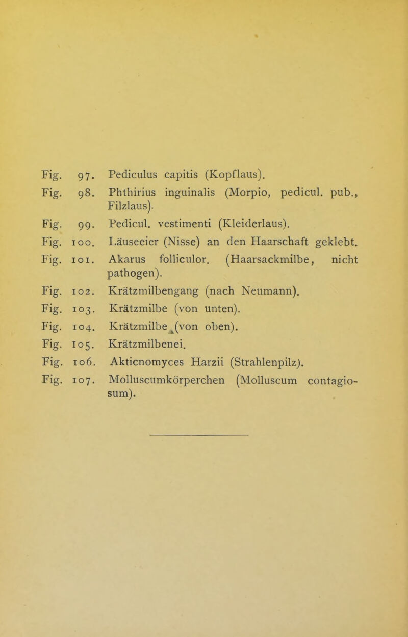 Fig. 98. Phthirius inguinalis (Morpio, pedicul. pub.. Filzlaus). Flg. 99. Pedicul. vestimenti (Kleiderlaus), Fig. 100. Läuseeier (Nisse) an den Haarschaft geklebt. Fig. lOI. Akarus folliculor, (Haarsackmilbe, nicht pathogen). Fig. 102. Krätzmilbengang (nach Neumann). Fig. 103. Krätzmilbe (von unten). Fig. 104. Krätzmilbe^(von oben). Fig. 105. Krätzmilbenei. Fig. 106. Akticnomyces Harzii (Strahlenpilz). Fig. 107. MoUuscumkörperchen (Molluscum contagio- sum).