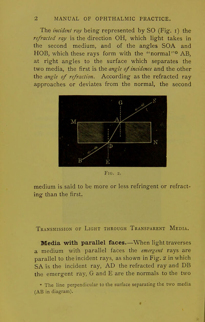 The tncidenl ray being represented by SO (Fig. i) the refracted ray is the direction OH, which light takes in the second medium, and of the angles SOA and HOB, which these rays form with the normal'* AB, at right angles to the surface which separates the two media, the first is the angle of incidence and the other the angle of refraction. According as the refracted ray approaches or deviates from the normal, the second Fig. 2. medium is said to be more or less refringent or refract- ing than the first. Transmission of Light through Transparent Media. Media with parallel faces.—When light traverses a medium with parallel faces the emergent rays are parallel to the incident rays, as shown in Fig. 1 in which SA is the incident ray, AD the refracted ray and DB the emergent ray, G and E are the normals to the two • The line perpendicular to the surface separating the two media (AB in diagram).