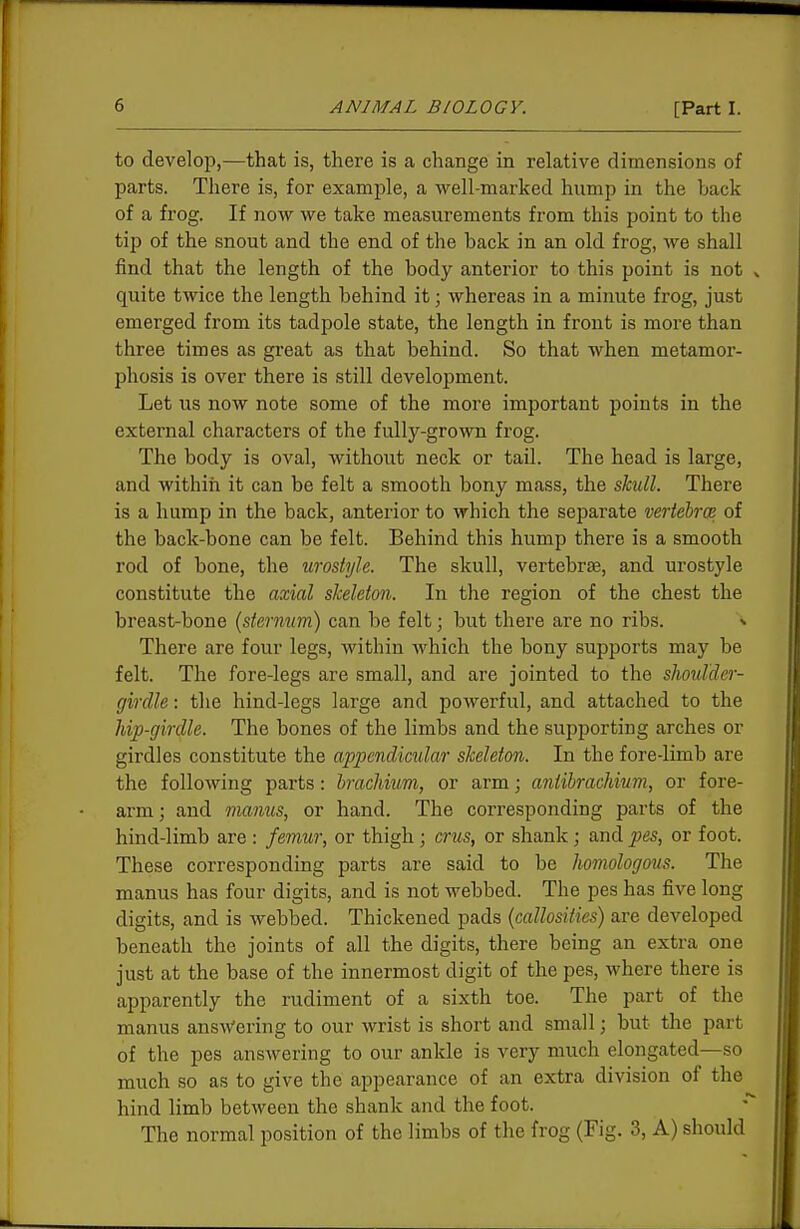 to develop,—that is, there is a change in relative dimensions of parts. There is, for example, a well-marked hump in the back of a frog. If now we take measurements from this point to the tip of the snout and the end of the back in an old frog, we shall find that the length of the body anterior to this point is not v quite twice the length behind it; whereas in a minute frog, just emerged from its tadpole state, the length in front is more than three times as great as that behind. So that when metamor- phosis is over there is still development. Let us now note some of the more important points in the external characters of the fully-grown frog. The body is oval, without neck or tail. The head is large, and within it can be felt a smooth bony mass, the skull. There is a hump in the back, anterior to which the separate veriebrce of the back-bone can be felt. Behind this hump there is a smooth rod of bone, the uroslyle. The skull, vertebrae, and urostyle constitute the axial skeleton. In the region of the chest the breast-bone {sternum) can be felt; but there are no ribs. % There are four legs, within which the bony supports may be felt. The fore-legs are small, and are jointed to the shoulder- girdle : the hind-legs large and powerful, and attached to the hip-girdle. The bones of the limbs and the supporting arches or girdles constitute the appendicular skeleton. In the fore-limb are the following parts : brachivm, or arm; antibrachium, or fore- arm ; and mantis, or hand. The corresponding parts of the hind-limb are : femur, or thigh; crus, or shank; and pes, or foot. These corresponding parts are said to be homologous. The manus has four digits, and is not webbed. The pes has five long digits, and is webbed. Thickened pads (callosities) are developed beneath the joints of all the digits, there being an extra one just at the base of the innermost digit of the pes, M'here there is apparently the rudiment of a sixth toe. The part of the manus answering to our wrist is short and small; but the part of the pes ansAvering to our ankle is very much elongated—so much so as to give the appearance of an extra division of the hind limb between the shank and the foot. The normal position of the limbs of the frog (Fig. 3, A) should