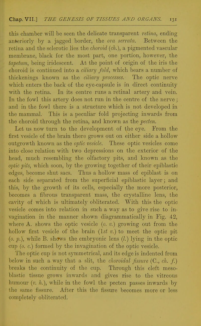 this chamber will be seen the delicate transparent retina., ending anteriorly by a jagged border, the ora serrata. Between the retina and the sclerotic lies the choroid (ch.), a pigmented vascular membrane, black for the most part, one portion, however, the tapetum, being iridescent. At the point of origin of the iris the choroid is continued into a ciliary fold, which bears a number of thickenings known as the ciliary processes. The optic nerve which enters the back of the eye-capsule is in direct continuity with the retina. In its centre runs a retinal artery and vein. In the fowl this artery does not run in the centre of the nerve; and in the fowl there is a structure which is not developed in the mammal. This is a peculiar fold projecting inwards from the choroid through the retina, and known as the pecten. Let us now turn to the development of the eye. From the first vesicle of the brain there grows out on either side a hollow outgrowth known as the optic vesicle. These optic vesicles come into close relation with two depressions on the exterior of the head, much resembling the olfactory pits, and known as the optic pits, which soon, by the growing together of their epiblastic edges, become shut sacs. Thus a hollow mass of epiblast is on each side separated from the superficial epiblastic layer; and this, by the growth of its cells, especially the more posterior, becomes a fibrous transparent mass, the crystalline lens, the cavity of which is ultimately obliterated. With this the optic vesicle comes into relation in such a way as to give rise to in- vagination in the manner shown diagrammatically in Fig. 42, where A. shows the optic vesicle (0. v.) growing out from the hollow first vesicle of the brain {1st v.) to meet the optic pit {0. p.), while B. shcrws the embryonic lens (I.) lying in the optic cup {0. c.) formed by the invagination of the optic vesicle. The ojjtic cup is not symmetrical, and its edge is indented from below in such a way that a slit, the choroidal fissure (C, ch. /.) breaks the continuity of the cup. Through this cleft meso- blastic tissue grows inwards and gives rise to the vitreous humour {v. h.), while in the fowl the pecten passes inwards by the same fissure. After this the fissure becomes more or less completely obliterated.