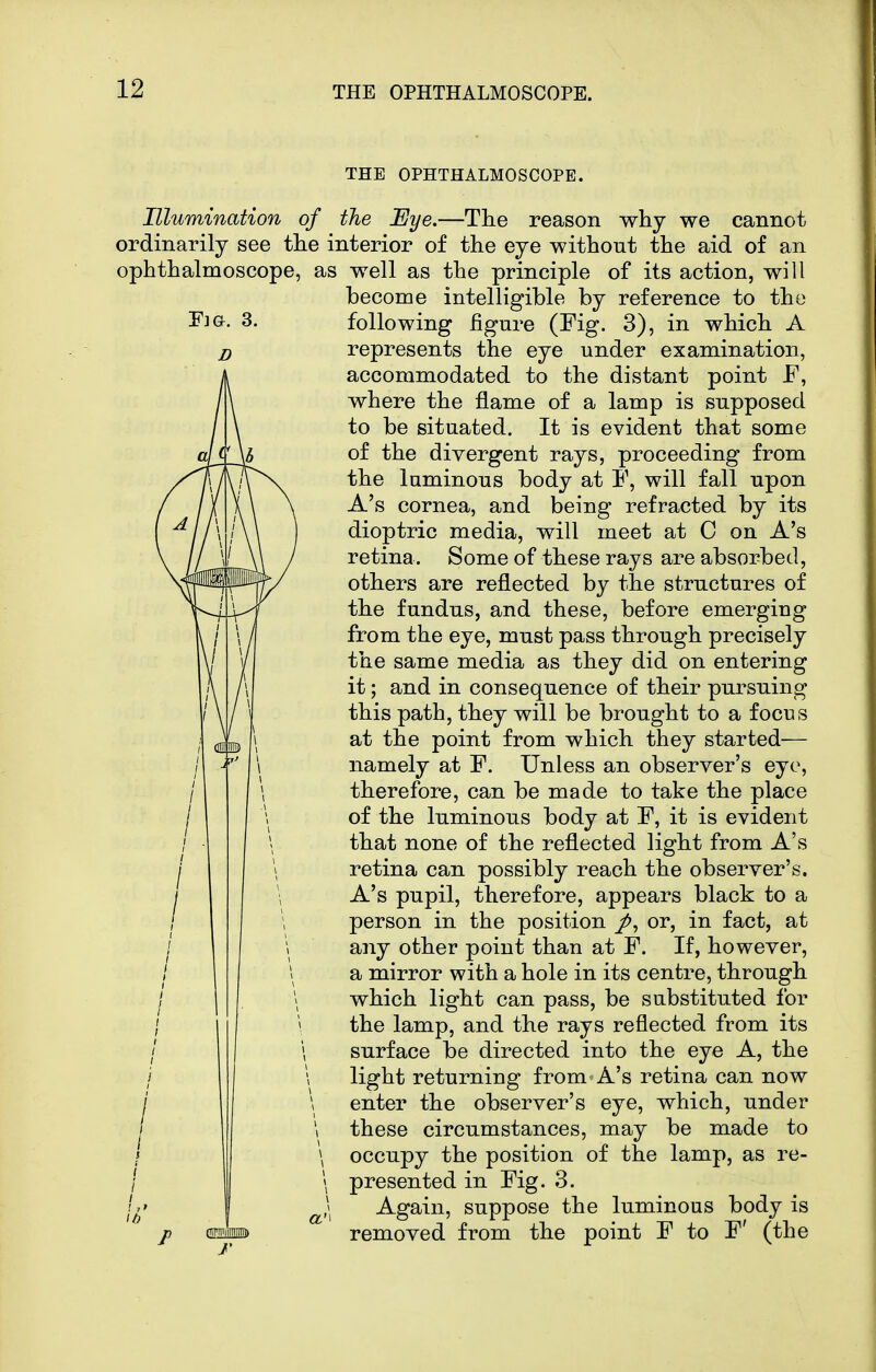 THE OPHTHALMOSCOPE. F]&. 3. Illumination of the Eye.—The reason why we cannot ordinarily see the interior of the eye without the aid of an ophthalmoscope, as well as the principle of its action, will become intelligible by reference to the following figure (Fig. 3), in which A represents the eye under examination, accommodated to the distant point F, where the flame of a lamp is supposed to be situated. It is evident that some of the divergent rays, proceeding from the luminous body at F, will fall upon A's cornea, and being refracted by its dioptric media, will meet at C on A's retina. Some of these rays are absorbed, others are reflected by the structures of the fundus, and these, before emerging from the eye, must pass through precisely the same media as they did on entering it; and in consequence of their pursuing this path, they will be brought to a focus at the point from which they started— namely at F. Unless an observer's eye, therefore, can be made to take the place of the luminous body at F, it is evident that none of the reflected light from A's retina can possibly reach the observer's. A's pupil, therefore, appears black to a person in the position or, in fact, at any other point than at F. If, however, a mirror with a hole in its centre, through which light can pass, be substituted for the lamp, and the rays reflected from its surface be directed into the eye A, the light returning from A's retina can now enter the observer's eye, which, under these circumstances, may be made to \ occupy the position of the lamp, as re- \ presented in Fig. 3. ,\ Again, suppose the luminous body is removed from the point F to F' (the