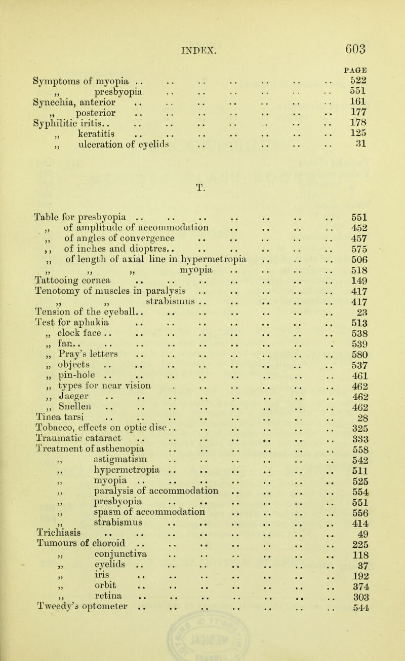 PAGE Symptoms of myopia .. .. .. .. •. .. • • 522 „ presbyopia .. .. .. .. • • • • 551 Synechia, anterior .. .. .. .. .. .. • . 161 „ posterior .. .. .. .. .. .. .. 177 Syphilitic iritis.. .. .. .. .. . • • .. 178 keratitis .. .. .. .. .. •. .. 125 „ ulceration of eyelids .. . .. .. .. 31 T. Table for presbyopia .. .. .. .. .. .. .. 551 ,, of amplitude of accommodation .. .. .. .. 452 ,, of angles of convergence .. .. .. .. .. 457 of inches and dioptres.. .. .. .. .. .. 575 of length of axial line in hypermetropia .. .. .. 506 „ „ myopia .. .. .. .. 518 Tattooing cornea .. .. .. .. .. .. .. 149 Tenotomy of muscles in paralysis .. .. .. .. .. 417 strabismus .. .. .. .. .. 417 Tension of the eyeball.. .. .. .. .. .. .. 28 Test for aphakia .. .. .. .. .. .. .. 513 „ clock face .. .. .. .. .. .. .. .. 538 „ fan . 539 „ Pray's letters .. .. .. .. .. .. .. 580 „ objects .. .. .. .. .. .. .. .. 537 „ pin-hoJe .. .. .. .. .. .. .. .. 461 „ types for near vision . .. .. .. .. .. 462 Jaeger 462 Snellen .. .. 462 Tinea tarsi .. .. .. .. .. .. .. .. 28 Tobacco, effects on optic disc .. .. .. .. .. .. 325 Traumatic cataract .. .. .. .. ,. .. .. 333 Treatment of asthenopia .. .. .. .. .. ., 558 ., astigmatism .. .. .. .. .. .. 542 ,, hypermetropia .. .. .. .. .. .. 511 myopia 525 ,, paralysis of accommodation .. .. .. .. 554 presbyopia 551 „ spasm of accommodation .. .. .. .. 555 „ strabismus .. .. .. .. .. .. 414 Tricliiasis .. .. .. .. .. .. .. .. 49 Tumours of choroid .. ., .. .. .. .. .. 225 conjunctiva .. .. .. .. .. .. lis eyelids .. .. .. .. .. .. .. 37 iris 192 orbit 374 retina 303 Tweedy's optometer ., .. ,. .. .. ,. .. 544