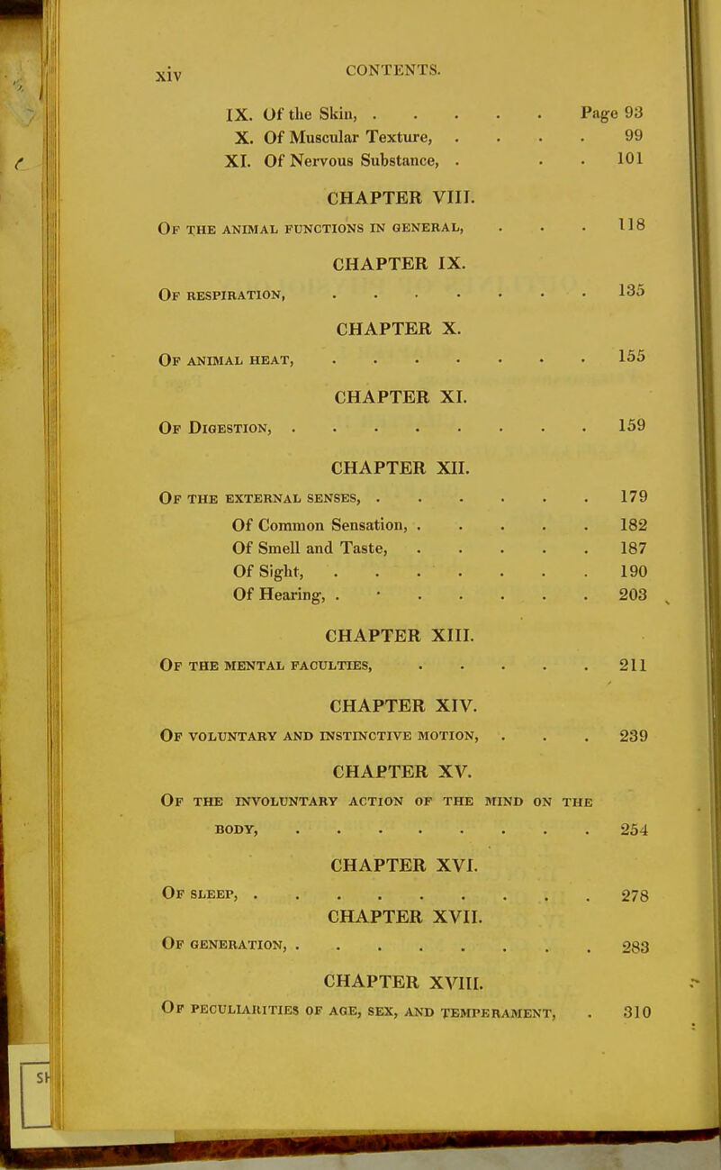 IX. Of the Skin, Page 93 X. Of Muscular Texture, .... 99 XI. Of Nervous Substance, . . .101 CHAPTER VIII. Of the animal functions in general, . . . 118 CHAPTER IX. Of respiration, 135 CHAPTER X. Of animal heat, 155 CHAPTER XI. Of Digestion, 159 CHAPTER XII. Op the external senses, 179 Of Common Sensation, 182 Of Smell and Taste, 187 Of Sight, . . . . . . .190 Of Hearing, . • 203 CHAPTER XIII. Of the mental faculties, 211 CHAPTER XIV. Op voluntary and instinctive motion, . . . 239 CHAPTER XV. Of the involuntary action of the mind on the BODY, 254 CHAPTER XVI. Of sleep, 278 CHAPTER XVII. Of generation, 283 CHAPTER XAail. Of peculiarities of age, sex, and temperament, . 310