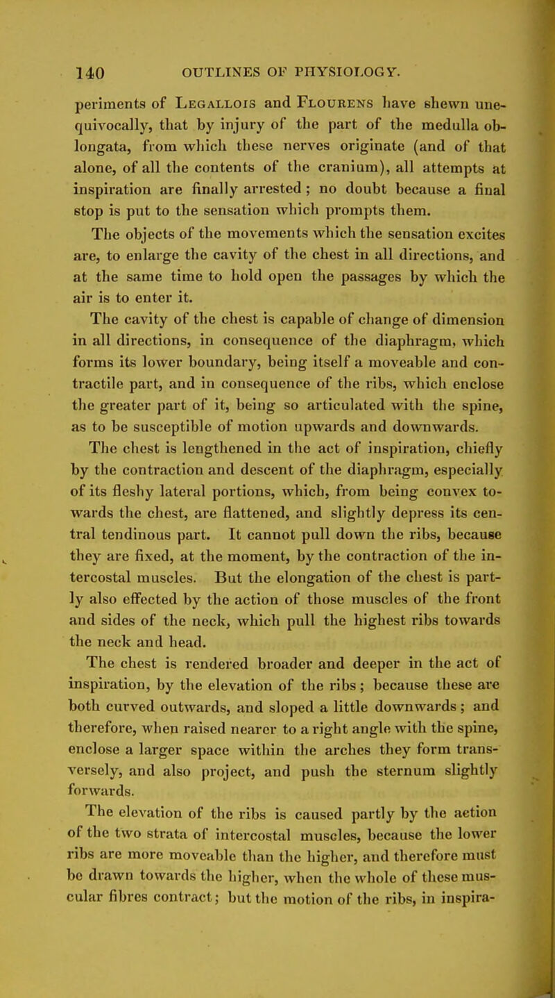 periments of Legallois and Flourens have shewn une- quivocally, that by injury of the part of the medulla ob- longata, from which these nerves originate (and of that alone, of all the contents of the cranium), all attempts at inspiration are finally arrested ; no doubt because a final stop is put to the sensation which prompts them. The objects of the movements which the sensation excites are, to enlarge the cavity of the chest in all directions, and at the same time to hold open the passages by which the air is to enter it. The cavity of the chest is capable of change of dimension in all directions, in consequence of the diaphragm, which forms its lower boundary, being itself a moveable and con- tractile part, and in consequence of the ribs, which enclose the greater part of it, being so articulated with the spine, as to be susceptible of motion upwards and downwards. The chest is lengthened in the act of inspiration, chiefly by the contraction and descent of the diapliragm, especially of its fleshy lateral portions, which, from being convex to- wards the chest, are flattened, and slightly depress its cen- tral tendinous part. It cannot pull down the ribs, because they are fixed, at the moment, by the contraction of the in- tercostal muscles. But the elongation of the chest is part- ly also effected by the action of those muscles of the front and sides of the neck, which pull the highest ribs towards the neck and head. The chest is rendered broader and deeper in the act of inspiration, by the elevation of the ribs; because these ai*e both curved outwards, and sloped a little downwards; and therefore, when raised nearer to a right angle with the spine, enclose a larger space within the arches they form trans- versely, and also project, and push the sternum slightly forwards. The elevation of the ribs is caused partly by the aetion of the two strata of intercostal muscles, because the lower ribs are more moveable than the higher, and therefore must be drawn towards the higher, when the whole of these mus- cular fibres contract; but the motion of the ribs, in inspira-