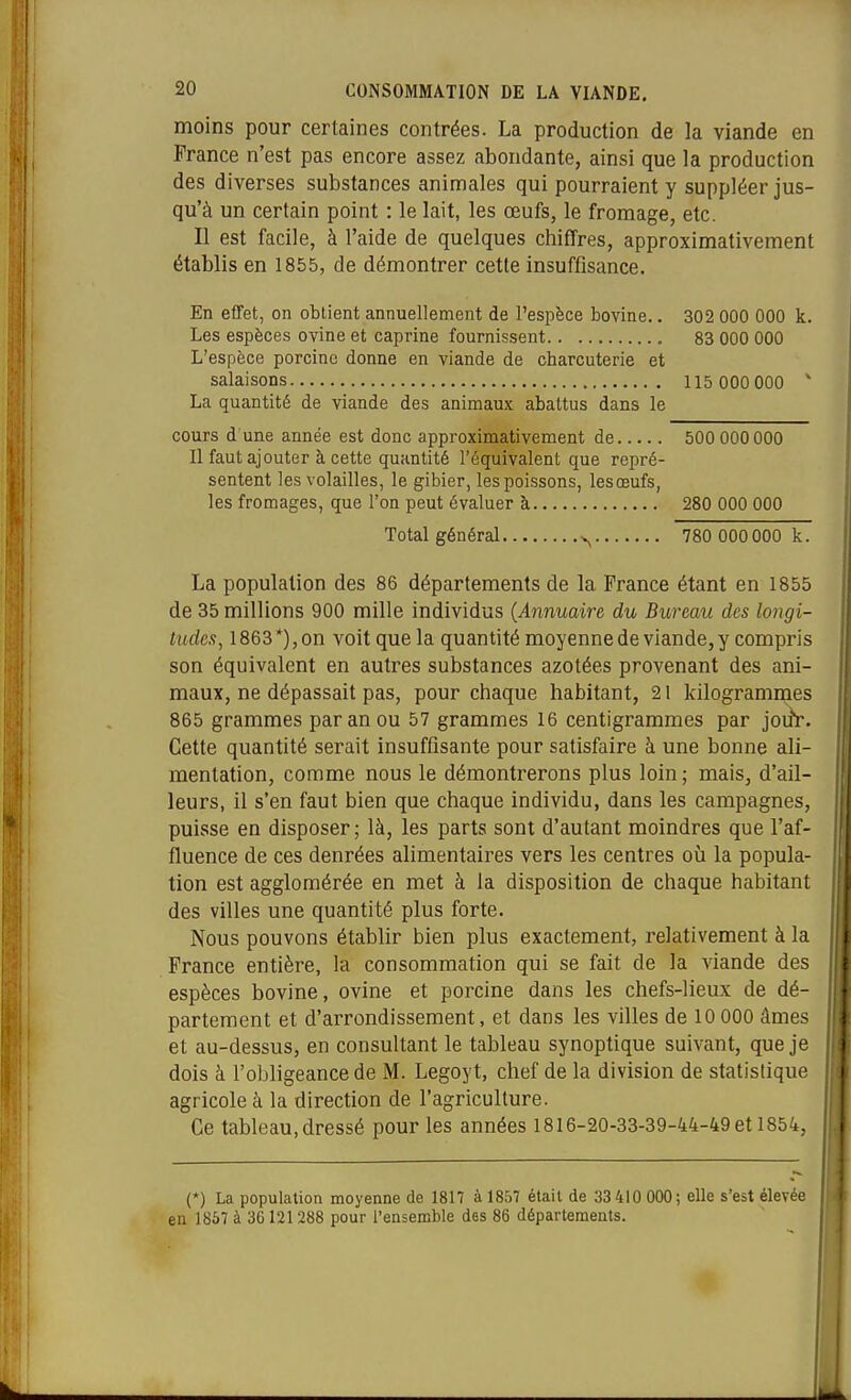 moins pour certaines contrées. La production de la viande en France n'est pas encore assez abondante, ainsi que la production des diverses substances animales qui pourraient y suppléer jus- qu'à un certain point : le lait, les œufs, le fromage, etc. Il est facile, à l'aide de quelques chiffres, approximativement établis en 1855, de démontrer cette insuffisance. En effet, on obtient annuellement de l'esi^èce bovine.. 302 000 000 k. Les espèces ovine et caprine fournissent 83 000 000 L'espèce porcine donne en viande de charcuterie et salaisons 115 000 000 ' La quantité de viande des animaux abattus dans le cours d une année est donc approximativement de 500 000 000 Il faut ajouter à cette quantité l'équivalent que repré- sentent les volailles, le gibier, les poissons, lesœufs, les fromages, que l'on peut évaluer à 280 000 000 Total général 780 000 000 k. La population des 86 départements de la France étant en 1855 de 35 millions 900 mille individus {Annuaire du Bureau des longi- tudes, 1863*), on voit que la quantité moyenne de viande, y compris son équivalent en autres substances azotées provenant des ani- maux, ne dépassait pas, pour chaque habitant, 21 kilogrammes 865 grammes par an ou 57 grammes 16 centigrammes par joilr. Cette quantité serait insuffisante pour satisfaire à une bonne ali- mentation, comme nous le démontrerons plus loin ; mais, d'ail- leurs, il s'en faut bien que chaque individu, dans les campagnes, puisse en disposer; là, les parts sont d'autant moindres que l'af- fluence de ces denrées alimentaires vers les centres où la popula- tion est agglomérée en met à la disposition de chaque habitant des villes une quantité plus forte. Nous pouvons établir bien plus exactement, relativement à la France entière, la consommation qui se fait de la viande des espèces bovine, ovine et porcine dans les chefs-lieux de dé- partement et d'arrondissement, et dans les villes de 10 000 âmes et au-dessus, en consultant le tableau synoptique suivant, que je dois à l'obligeance de M. Legoyt, chef de la division de statistique agricole à la direction de l'agriculture. Ce tableau,dressé pour les années i8l6-20-33-39-44-49et 1854, (*) La population moyenne de 1817 à 1857 était de 33 410 000; elle s'est élevée en 1867 à 36 121 288 pour l'ensemble des 86 départements.