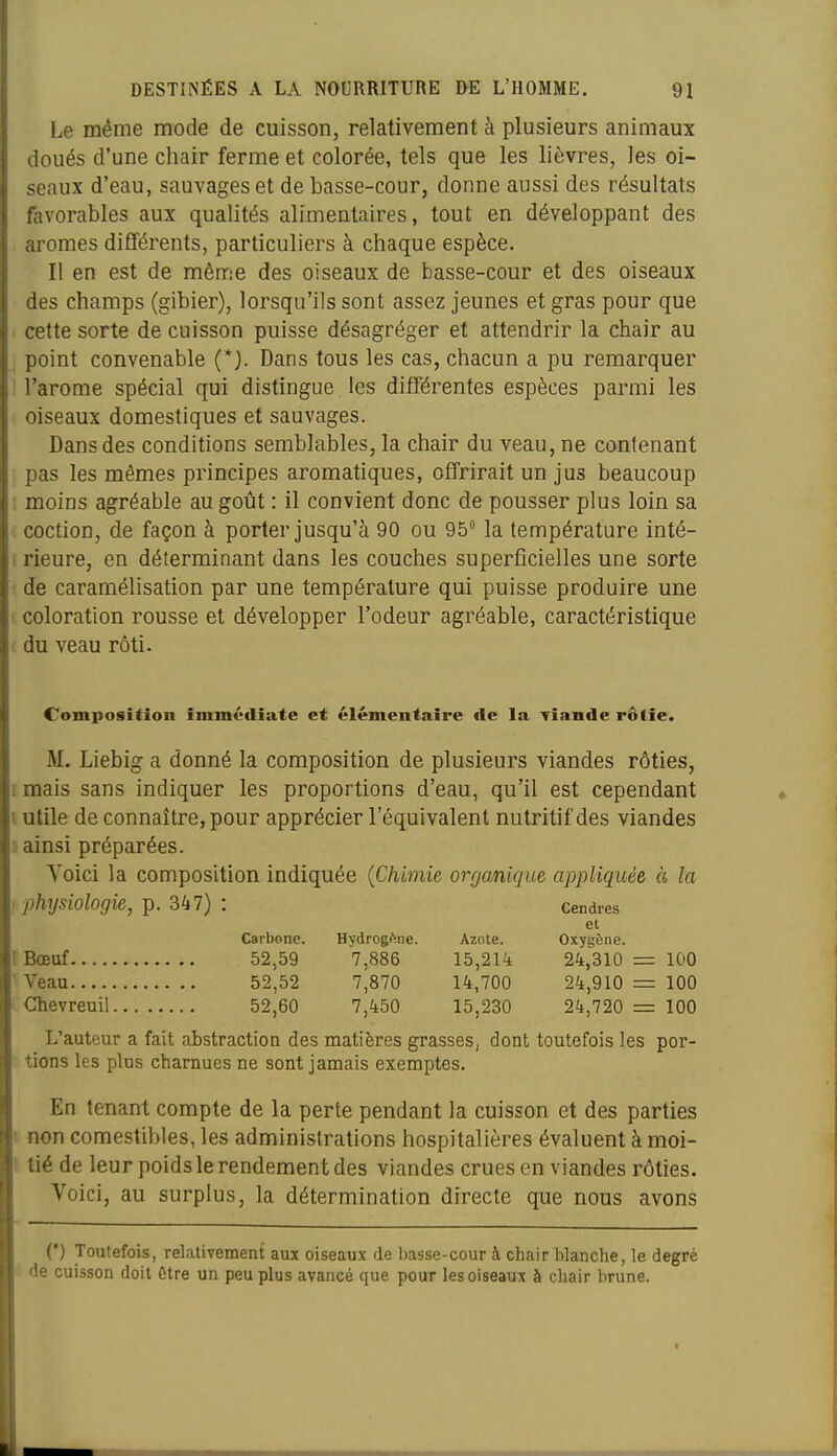 Le même mode de cuisson, relativement à plusieurs animaux doués d'une chair ferme et colorée, tels que les lièvres, les oi- seaux d'eau, sauvages et de basse-cour, donne aussi des résultats favorables aux qualités alimentaires, tout en développant des arômes différents, particuliers à chaque espèce. Il en est de même des oiseaux de basse-cour et des oiseaux des champs (gibier), lorsqu'ils sont assez jeunes et gras pour que cette sorte de cuisson puisse désagréger et attendrir la chair au point convenable (*}. Dans tous les cas, chacun a pu remarquer l'arome spécial qui distingue les différentes espèces parmi les oiseaux domestiques et sauvages. Dans des conditions semblables, la chair du veau, ne contenant pas les mêmes principes aromatiques, offrirait un jus beaucoup moins agréable au goût : il convient donc de pousser plus loin sa coction, de façon à porter jusqu'à 90 ou 95 la température inté- rieure, en déterminant dans les couches superficielles une sorte de caramélisation par une température qui puisse produire une coloration rousse et développer l'odeur agréable, caractéristique du veau rôti. Composition immédiate et élémentaire de la Tiande rôtie. M. Liebig a donné la composition de plusieurs viandes rôties, mais sans indiquer les proportions d'eau, qu'il est cependant utile de connaître, pour apprécier l'équivalent nutritif des viandes ainsi préparées. Yoici la composition indiquée {Chimie organique appliquée à la phxjSiologie, p. 347) : cendres et Carbone. Hydrogftne. Azote. Oxygène. Bœuf 52,59 7,886 15,214 24,310 = 100 Veau 52,52 7,870 14,700 24,910 = 100 Chevreuil 52,60 7,450 15,230 24,720 = 100 L'auteur a fait abstraction des matières grasses, dont toutefois les por- tions les plus charnues ne sont jamais exemptes. En tenant compte de la perte pendant la cuisson et des parties non comestibles, les administrations hospitalières évaluent à moi- tié de leur poids le rendement des viandes crues en viandes rôties. Voici, au surplus, la détermination directe que nous avons C) Toutefois, relativement aux oiseaux de basse-cour à chair blanche, le degré de cuisson doit être un peu plus avancé que pour les oiseaux à chair hrune.