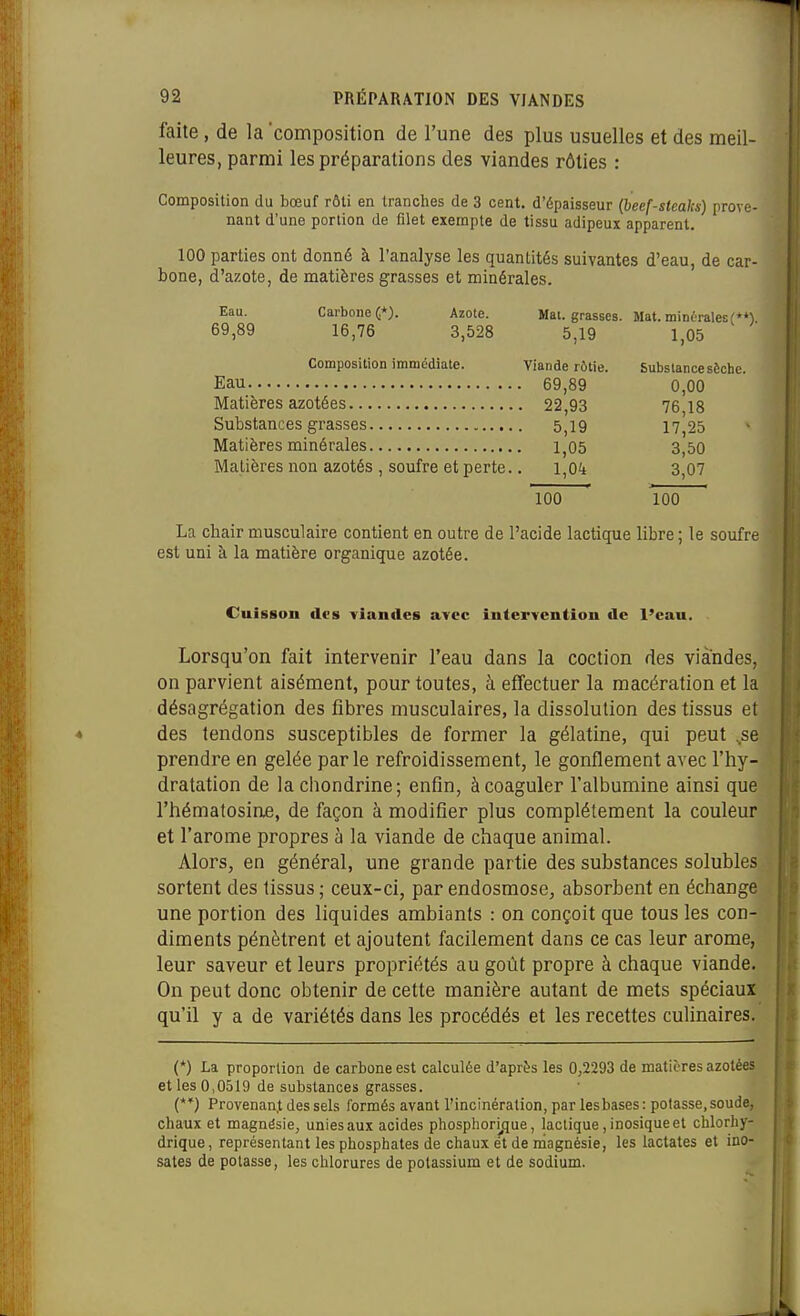 faite, de la composition de l'une des plus usuelles et des meil- leures, parmi les préparations des viandes rôties : Composition du bœuf rôti en tranclies de 3 cent, d'épaisseur {heef-steaks) prove- nant d'une portion de filet exempte de tissu adipeux apparent, 100 parties ont donné à l'analyse les quantités suivantes d'eau, de car- bone, d'azote, de matières grasses et minérales. Eau. Carbone (*). Azote. Mat. grasses. Mat. minéralesf*M 69,89 16,76 3,528 5,19 1,05 Composition immédiate. Viande rôtie. Substance sèche. Eau 69,89 0,00 Matières azotées 22,93 76 18 Substances grasses 5,19 17,25 Matières minérales i,05 3,50 Matières non azotés , soufre et perte.. 1,04 3,07 ÏÔÔ ÎÔÔ La chair musculaire contient en outre de l'acide lactique libre ; le soufre est uni à la matière organique azotée. Cuisson des viandes avec intervention de l'eau. Lorsqu'on fait intervenir l'eau dans la coction des viandes, on parvient aisément, pour toutes, à effectuer la macération et la désagrégation des fibres musculaires, la dissolution des tissus et des tendons susceptibles de former la gélatine, qui peut ..se prendre en gelée parle refroidissement, le gonflement avec l'hy- dratation de la chondrine; enfin, à coaguler l'albumine ainsi que l'hématosine, de façon à modifier plus complètement la couleur et l'arôme propres à la viande de chaque animal. Alors, en général, une grande partie des substances solubles sortent des tissus; ceux-ci, par endosmose, absorbent en échange une portion des liquides ambiants : on conçoit que tous les con- diments pénètrent et ajoutent facilement dans ce cas leur arôme, leur saveur et leurs propriétés au goût propre à chaque viande. On peut donc obtenir de cette manière autant de mets spéciaux qu'il y a de variétés dans les procédés et les recettes culinaires. (*) La proportion de carbone est calculée d'après les 0,2293 de matières azotées et les 0,0519 de substances grasses. (**) Provenan.t des sels formés avant l'incinération, par les bases: potasse, soude, chaux et magnësie, unies aux acides phosphori^que, lactique, inosique et chlorhy- drique, représentant les phosphates de chaux et de magnésie, les lactates et ino- sates de potasse, les chlorures de potassium et de sodium.
