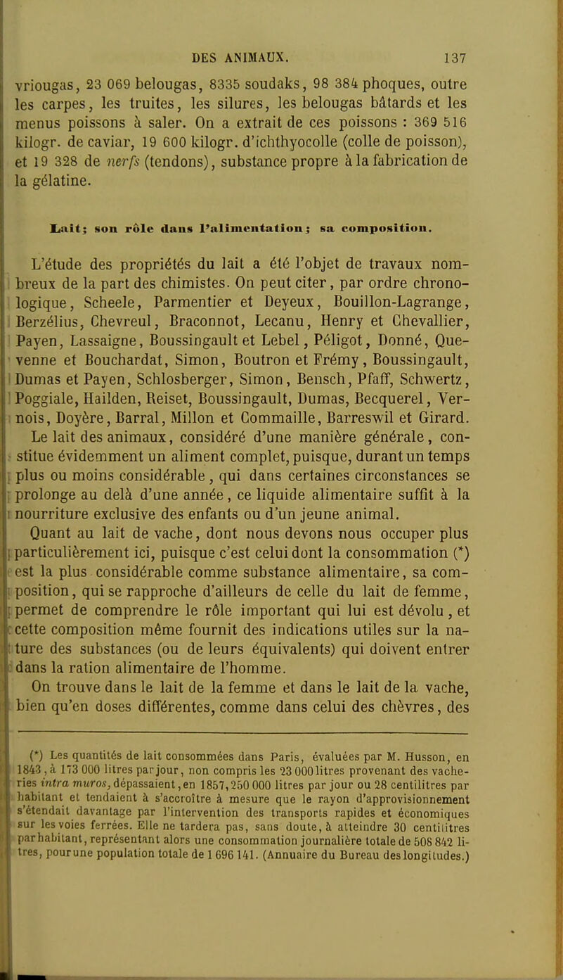 vriougas, 23 069 bélougas, 8335 soudaks, 98 384 phoques, outre les carpes, les truites, les silures, les bélougas bâtards et les menus poissons à saler. On a extrait de ces poissons : 369 516 kiiogr. de caviar, 19 600 kilogr. d'ichthyocoUe (colle de poisson), et 19 328 de 7ier/5 (tendons), substance propre à la fabrication de la gélatine. I<ait; son rôle dans l'alimentation ; sa composition. L'étude des propriétés du lait a été l'objet de travaux nora- ! breux de la part des chimistes. On peut citer, par ordre chrono- logique, Scheele, Parmentier et Deyeux, Bouillon-Lagrange, 1 Berzélius, Chevreul, Braconnot, Lecanu, Henry et Chevallier, ' Payen, Lassaigne, Boussingault et Lebel, Péligot, Donné, Que- ' venne et Bouchardat, Simon, Boutron et Frémy, Boussingault, IDumas et Payen, Schlosberger, Simon, Bensch, Pfaff, Schwertz, ] Poggiale, Hailden, Reiset, Boussingault, Dumas, Becquerel, Ver- ! nois, Doyère, Barrai, Millon et Commaille, Barreswil et Girard. Le lait des animaux, considéré d'une manière générale, con- î stitue évidemment un aliment complet, puisque, durant un temps p plus ou moins considérable, qui dans certaines circonstances se [prolonge au delà d'une année, ce liquide alimentaire suffit à la t nourriture exclusive des enfants ou d'un jeune animal. Quant au lait de vache, dont nous devons nous occuper plus f particulièrement ici, puisque c'est celui dont la consommation (*) eest la plus considérable comme substance alimentaire, sa com- ^'position, qui se rapproche d'ailleurs de celle du lait de femme, ppermet de comprendre le rôle important qui lui est dévolu, et ccette composition même fournit des indications utiles sur la na- titure des substances (ou de leurs équivalents) qui doivent entrer idans la ration alimentaire de l'homme. On trouve dans le lait de la femme et dans le lait de la vache, ;bien qu'en doses différentes, comme dans celui des chèvres, des {*) Les quantités de lait consommées dans Paris, évaluées par M. Husson, en 11843, à 173 000 litres par jour, non compris les 23 000 litres provenant des vache- iries intra mwro.ç,dépassaient,en 1857,250 000 litres par jour ou 28 centilitres par «habitant et tendaient à s'accroître à mesure que le rayon d'approvisionnement i s'étendait davantage par l'intervention des transports rapides et économiques isur les voies ferrées. Elle ne tardera pas, sans doute, à atteindre 30 centilitres «parhabitant, représentant alors une consommation journalière totale de 508 842 li- :tres, pourune population totale de 1 696 141. (Annuaire du Bureau des longitudes.)