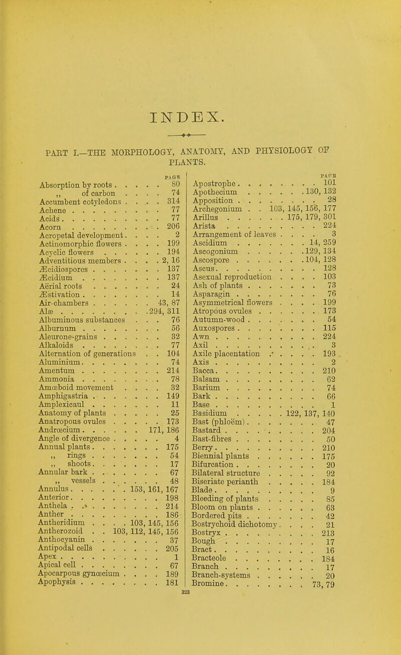 INDEX. PAET I.—THE MOBPHOLOGY, ANATOMY, AND PHYSIOLOGY OP PLANTS. ... so PAPB ... 101 ,, of carbon . ... 74 130, 132 Accumbent cotyledons . ... 314 ... 28 Arohegonium . . 103, 145, 15i5, 177 Arillus 175, 179, 301 ... 206 ... 224 Acropetal development. ... 2 Arrangement of leaves . ... 3 Actmomorphic flowers . ... 199 14, 259 ... 194 129, 134 Adventitious members . . . . 2, 16 104, 128 ... 137 ... 128 ... 137 Asexual reproduction . ... 103 ... 24 ... 73 ... 14 ... 76 43, 87 Asymmetrical flowers . ... 199 294, 311 . . . 173 Albuminous substances ... 76 ... 54 ... 56 ... 115 ... 32 . . . 224 ... 77 Axil ... 3 Alternation of generations . . 104 . . ' . 193 ... 74 Axis ... 2 ... 214 Bacca . . . 210 ... 78 Balsam . . 62 Amoeboid movement ... 32 Barium 74 ... 149 Bark . . 66 ... 11 Base ... . ... 25 122, 137, 140 ... 173 ... 47 . 171, 186 ... 204 ... 4 ... 50 ... 175 ... 54 ... 175 ... 17 ... 20 ... 67 ... 92 ... 48 ... 184 153, 161,167 Blade Bleeding of plants ... 85 Anther ... 186 ... 42 Antheridium . . . . 103,145, 156 Bostrychoid dicliotomy. ... 21 Antberozoid . . 103, 112, 145, 156 Apocarpous gynoecium . ... 189 Branch-systems . . .