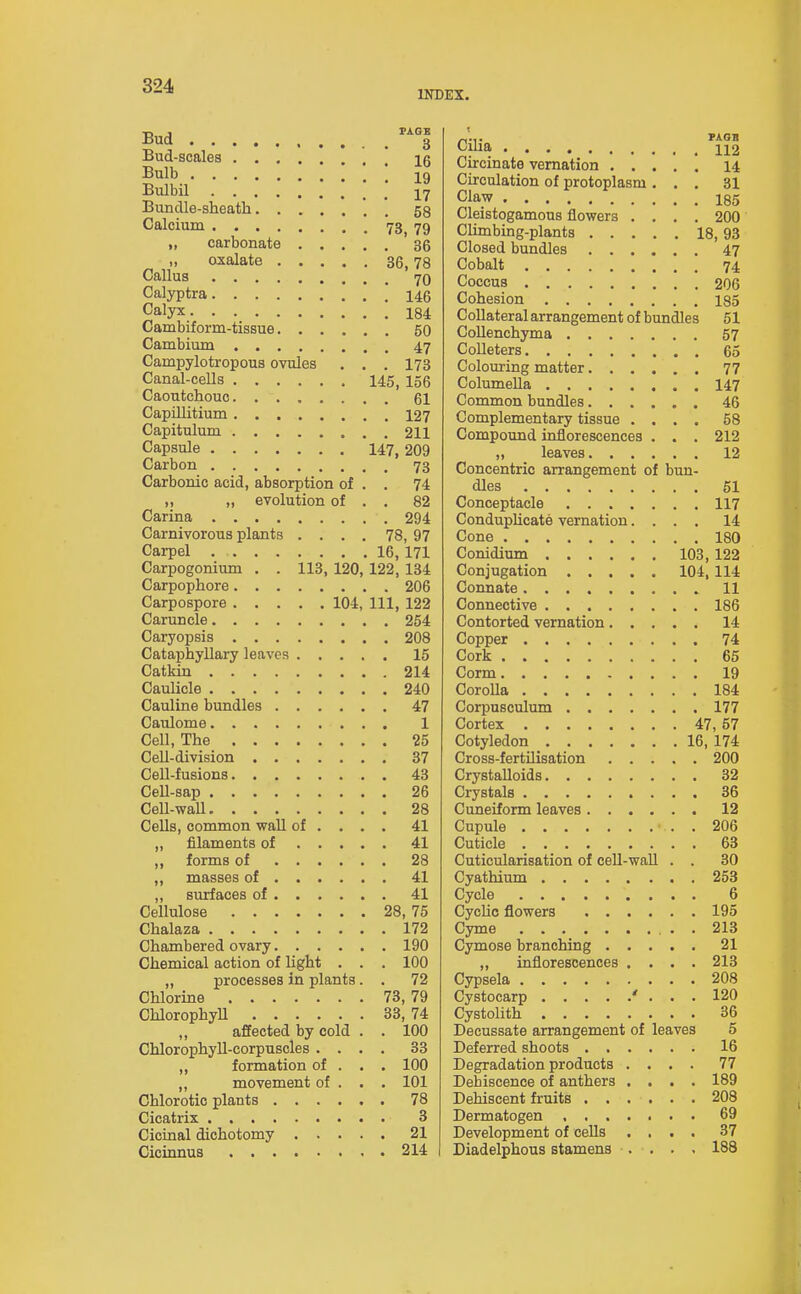 INDEX. ■n J PAGE Bud 3 Bud-scales 16 Bulb ' 19 BulbU  17 Bundle-sheath 53 Calcium 73^ 79 „ carbonate 36 „ oxalate 36,78 Callus 70 Calyptra 146 Calyx 184 Cambiform-tissue 50 Cambium 47 Campylotropous ovules . . . I73 Canal-cells 145, 156 Caoutchouc 61 CapUlitium 127 Capitulum 211 Capsule 147, 209 Carbon 73 Carbonic acid, absorption of . . 74 ,, „ evolution of . . 82 Carina 294 Carnivorous plants .... 78, 97 Carpel 16,171 Carpogonium . . 113, 120,122, 134 Carpophore 206 Carpospore 104, 111, 122 Caruncle 254 Caryopsis 208 Cataphyllary leaves 15 Catkin 214 Caulicle 240 Cauline bundles 47 Caulome 1 Cell, The 25 Cell-division 37 Cell-fusions 43 Cell-sap 26 Cell-waU 28 Cells, common wall of ... . 41 „ filaments of 41 ,, forms of 28 „ masses of 41 ,, surfaces of 41 Cellulose 28,75 Chalaza 172 Chambered ovary 190 Chemical action of light . . . 100 „ processes in plants. . 72 Chlorine 73, 79 ChlorophyU 33, 74 ,, affected by cold . . 100 Chlorophyll-corpuscles .... 33 „ formation of . . . 100 „ movement of . . . 101 Chlorotic plants 78 Cicatrix 3 Cicinal dichotomy 21 Cicinnus 214 Ciha 112 Circinate vernation 14 Circulation of protoplasm ... 31 Claw 185 Cleistogamous flowers .... 200 Climbing-plants 18,93 Closed bundles 47 Cobalt 74 Coccus 206 Cohesion 185 Collateral arrangement of bundles 51 Collenchyma 57 CoUeters 65 Colouring matter 77 Columella 147 Common bundles 46 Complementary tissue .... 58 Compound inflorescences . . . 212 „ leaves 12 Concentric arrangement of bun- dles 61 Conceptacle 117 CondupUcate vernation.... 14 Cone 180 Conidium 103, 122 Conjugation 104, 114 Connate 11 Connective 186 Contorted vernation 14 Copper 74 Cork 65 Corm 19 CoroUa 184 Corpusculum 177 Cortex 47,57 Cotyledon 16, 174 Cross-fertilisation 200 Crystalloids 32 Crystals 36 Cuneiform leaves 12 Cupule . 206 Cuticle 63 Cuticularisation of cell-wall . . 30 Cyathium 253 Cycle 6 Cyclic flowers 195 Cyme 213 Cymose branching 21 „ inflorescences .... 213 Cypsela 208 Cystocarp ' ... 120 Cystolith 36 Decussate arrangement of leaves 5 Deferred shoots 16 Degradation products .... 77 Dehiscence of anthers .... 189 Dehiscent fruits 208 Dermatogen 69 Development of cells .... 37 Diadelphous stamens .... 188