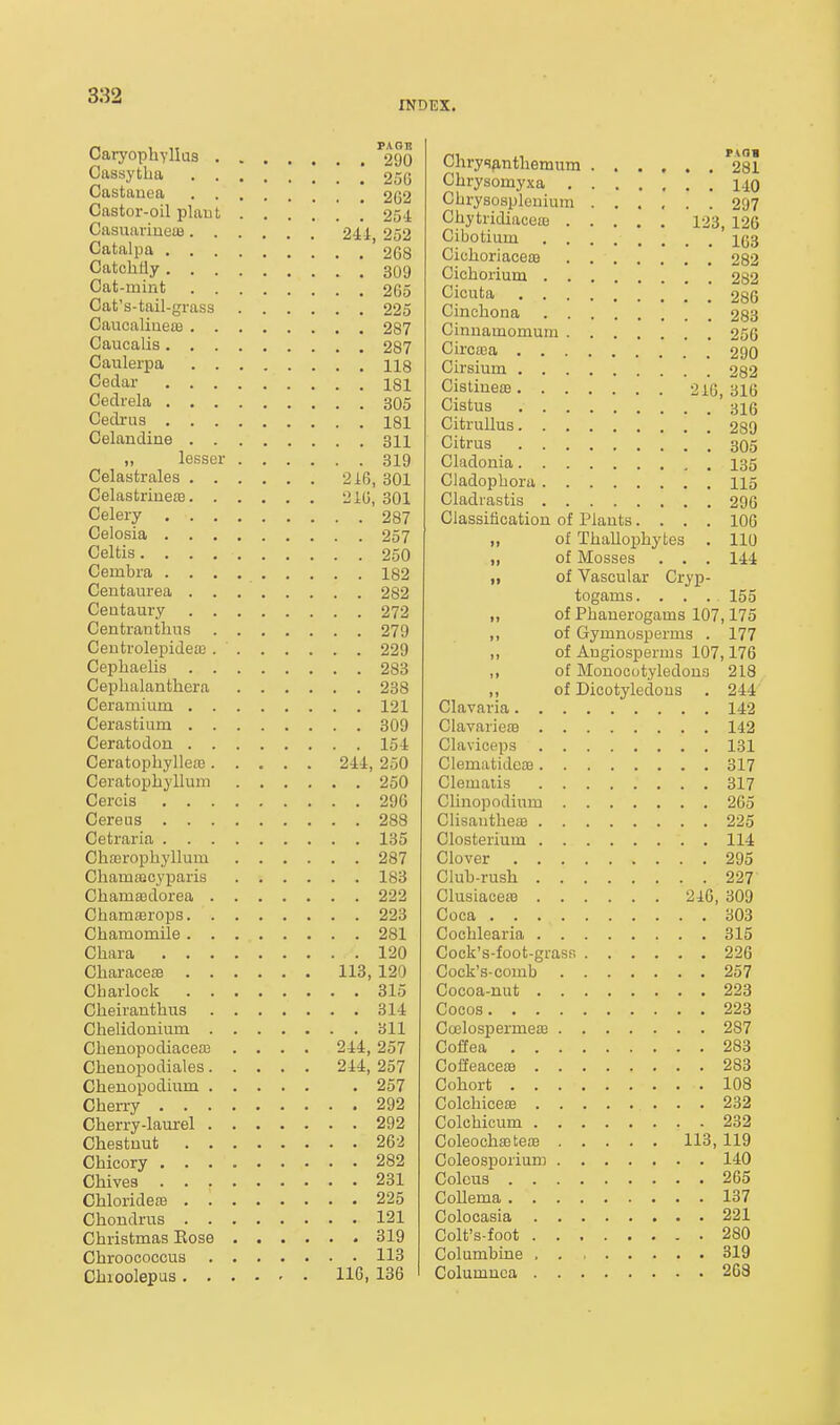 INDEX. Caryophyllus ''2(jo Cassytha [ 25(3 Castauea 262 Castor-oil plaut 25J: Casuariueu3 2-11 252 Catalpa ' 268 Catchfly ! 309 Cat-mint 265 Cat's-tail-grass 225 Caucaliueffi 287 Caucalis 287 Caulerpa Hg Cedar 181 Cedrela 305 Cedi-us 181 Celandine 311 lesser 319 Celastrales 216, 301 Celastriueae 216, 301 Celery 287 Celosia 257 Celtis 250 Cembra 182 Centaurea 282 Centaury 272 Centranthns 279 Ceutrolepidea! 229 Cepbaelis 283 Cepbalanthera 238 Ceramium 121 Cerastium 309 Ceratodon 154 Ceratophyllere 241, 250 Ceratopbyllum 250 Cercis 296 Cereus 288 Cetraria 135 Cbaaropbyllum 287 Cbamajcyparis 183 Cbamajdorea 222 Cbaraa2rops 223 Cbamomile 281 Cbara .120 CbaracesB 113, 120 Cbarlock 315 Cbeirantbus 314 Cbelidonium 311 Clienopodiacea3 .... 244, 257 Cbenopodiales 244,257 Cbeuopodium . 257 Cberry 292 Cberry-laurel 292 Chestnut 262 Chicory 282 Chives 231 Cblorideaj 225 Chondrus 121 Christmas Eose 319 Chroococcus 113 Chioolepus 116, 136 Chry'?finthemum 281 Chrysomyxa 140 Cbrysosplouium ...... 297 CbytridiaceiD 123, 126 Cibotium 1(53 Cicboriaceas 282 Cichorium 282 Cicuta 286 Cinchona 283 Cinnamomum 256 Circiea 290 Cirsium 282 Cistiueas 216,316 Cistus 316 Citrullus 289 Citrus 305 Cladonia 135 Cladopbora 115 Cladrastis 296 Classification of Plants.... 106 „ of ThaUophytes . 110 „ of Mosses . . . 144 „ of Vascular Cryp- togams. . . . 155 ,, of Phanerogams 107,175 ,, of Gymnosperms . 177 ,, of Augiosperuis 107,176 ,, of Monooutyledona 218 ,, of Dicotyledons . 244 Clavaria 142 Clavariea> 142 Claviceps 131 ClematidcoB 317 Clematis 317 Chnopodium 265 Clisantheaj 225 Closterium 114 Clover 295 Club-rush 227 ClusiacetB 216, 309 Coca 303 Cochlearia 315 Cock's-foot-grasr, 226 Cock's-comb 257 Cocoa-nut 223 Coeos 223 CcElospermea) 287 Coffea 283 Coffeacem 283 Cohort 108 ColchiceaB 232 Colchicum 232 ColeochsGteoe 113, 119 Coleosporium 140 Colcus 265 CoUema 137 Colooasia 221 Colt's-foot 280 Columbine 319 Columnca 263