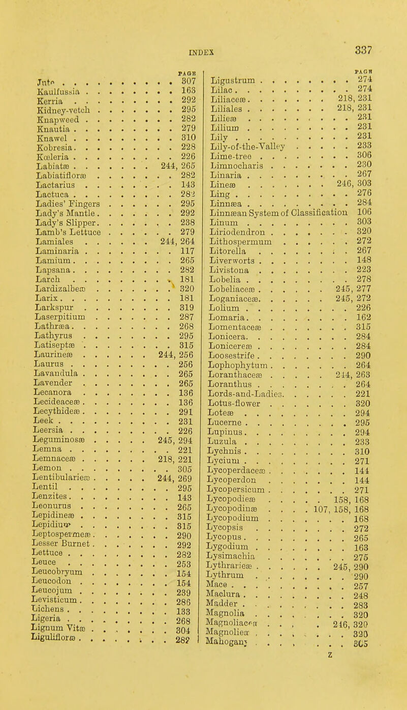 PAOB Jnto 307 Kaulfussift 163 Kerria 292 Kidney-vetch 296 Knapweed 282 Knautia 279 Knawel 310 Kobresia 228 Koeleria 226 LabiattB 244, 265 Labiatiflor£8 282 Lactarius 143 Lactuca 28'i Ladies' Fingers 295 Lady's Mantle 292 Lady's Slipper 238 Lamb's Lettuce 279 Lamiales 244, 264 Laminaria 117 Lamium 265 Lapsana 282 Larch * 181 LardizalbeaD '320 Larix 181 Larkspur 319 Laserpitium 287 Lathr£ea 268 Lathyrus 295 LatiseptsB 315 Laurine£B 244, 256 Laurus 256 Lavandula 265 Lavender 265 Lecanora 136 LecideaceaB 136 Lecythideaa 291 Leek 231 Leersia 226 Leguminoste 245, 294 Lemna 221 Lemnaceffi 218, 221 Lemon 305 Lentibulariea3 244, 269 Lentil 295 Lenzites 143 Leonurus 265 LepidineEB 315 Lepidiuv 315 Leptospeimeffi 290 Lesser Burnet 292 Lettuce 282 Leuce 253 Leucobryum I54 Leucodon I54 Leucojum 239 Levisticum 286 Lichens 233 Nigeria ! ! 268 Lignum Vitm 304. LigulifloriB i . . 28? PAGH Ligustrum 274 Lilac 274 Liliacete 218, 231 Liliales 218, 231 Lilieffl 231 Lilium 231 Lily 231 Lily-of-the-Valley 233 Lime-tree 306 Limnocharis 230 Liuaria 267 LinetB 246, 303 Ling 276 Linnffia • • 284 Linnsean System of Classification 106 Linum 303 Liriodendron 320 Lithospermum 272 Litorella 267 Liverworts 148 Livistona 223 Lobelia 278 Lobeliaceae 245, 277 Loganiaceae 245, 272 Lolium 226 Lomaria 162 Lomentaceffi 315 Lonicera 284 Lonicereaa 284 Loosestrife 290 Lophophytum 264 Loranthaceffi 244, 263 Loranthus 264 Lords-and-Ladies 221 Lotus-flower 320 LotejB 294 Lucerne 295 Lupinus 294 Luzula 233 Lychnis 310 Lycium 271 Lycoperdacea3 144 Lycoperdon 144 Lycopersicum 271 Lycopodie£B 158, 168 Lycopodinas .... 107, 158, 168 Lycopodium 168 Lycopsis 272 Lycopus 265 Lygodium 163 Lysimachia 275 Lythrariea; 245, 290 Ly thrum 290 Mace 257 Madura 248 Madder . 283 Magnolia 320 Magnoliacf-a ... . 216,320 Magnoliea ........ 320 Mahogauj 3(,5 z