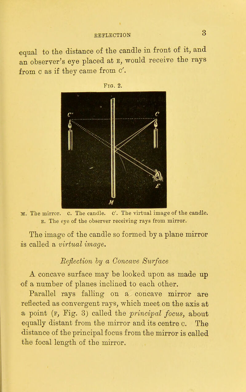equal to the distance of the candle in front of it, and an observer's eye placed at e, would receive the rays from c as if they came from c'. Fig. 2. M. The mirror, c. The candle, c'. The virtual image of the candle. E. The eye of the observer receiving rays from mirror. The image of the candle so formed by a plane mirror is called a virtual image. Reflection hy a Concave Surface A concave surface may be looked upon as made up of a number of planes inclined to each other. Parallel rays falling on a concave mirror are reflected as convergent rays, which meet on the axis at a point (f, Fig. 3) called the principal focus, about equally distant from the mirror and its centre c. The distance of the principal focus from the mirror is called the focal length of the mirror.