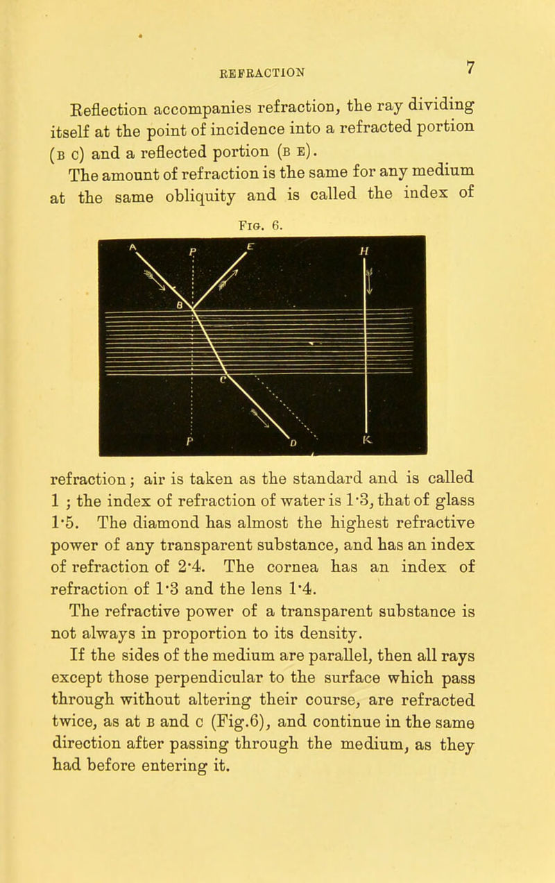 Keflection accompanies refraction, the ray dividing itself at the point of incidence into a refracted portion (b c) and a reflected portion (b e). The amount of refraction is the same for any medium at the same obliquity and is called the index of refraction; air is taken as the standard and is called 1 ; the index of refraction of water is l3jthatof glass 1*5. The diamond has almost the highest refractive power of any transparent substance, and has an index of refraction of 2*4. The cornea has an index of refraction of 13 and the lens 1*4. The refractive power of a transparent substance is not always in proportion to its density. If the sides of the medium are parallel, then all rays except those perpendicular to the surface which pass through without altering their course, are refracted twice, as at b and c (Fig.6), and continue in the same direction after passing through the medium, as they had before entering it.