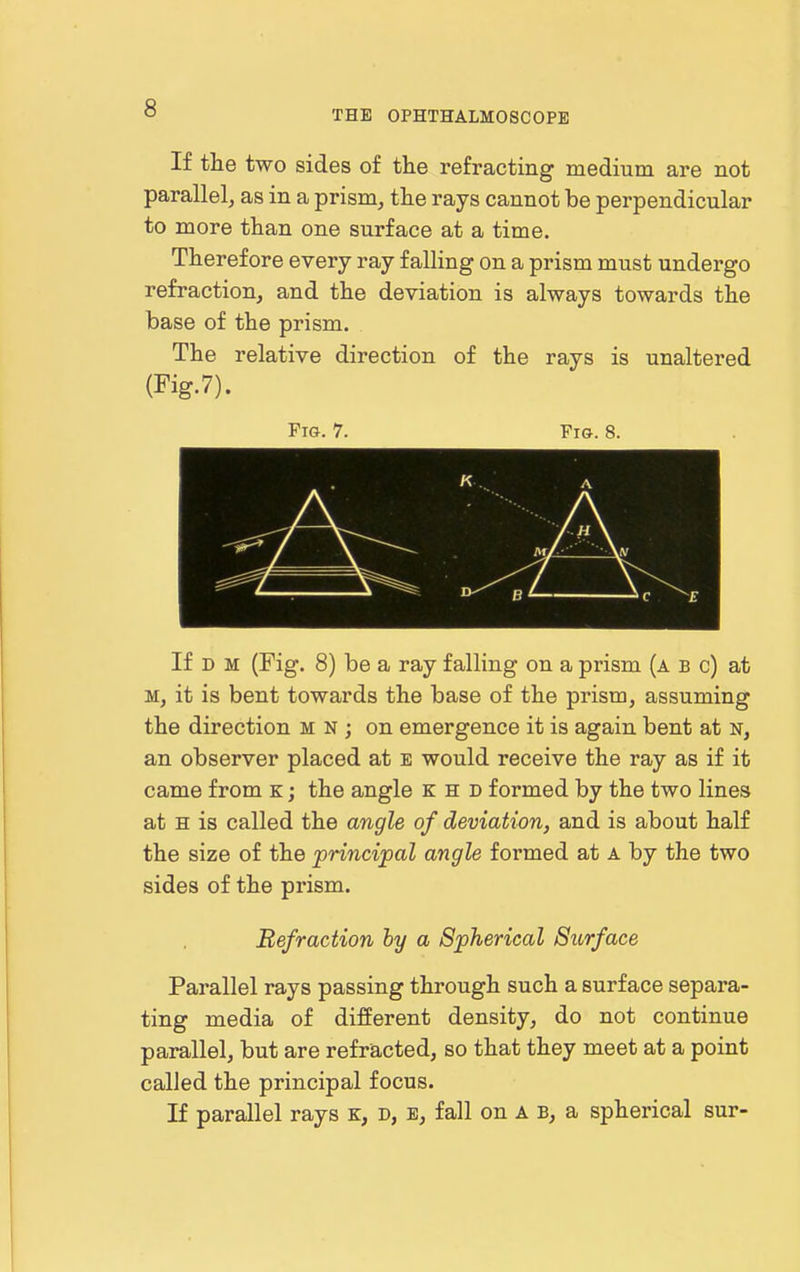 THE OPHTHALMOSCOPE If the two sides of the refracting medium are not parallel, as in a prism, the rays cannot be perpendicular to more than one surface at a time. Therefore every ray falling on a prism must undergo refraction, and the deviation is always towards the base of the prism. The relative direction of the rays is unaltered (Fig.7). Fig. 7. Fig. 8. A K .. A U ■ L C If D M (Fig. 8) be a ray falling on a prism (a b c) at M, it is bent towards the base of the prism, assuming the direction m n ; on emergence it is again bent at n, an observer placed at e would receive the ray as if it came from k ; the angle k h d formed by the two lines at H is called the angle of deviation, and is about half the size of the 'principal angle formed at a by the two sides of the prism. Refraction by a Spherical Surface Parallel rays passing through such a surface separa- ting media of different density, do not continue parallel, but are refracted, so that they meet at a point called the principal focus. If parallel rays k, d, e, fall on a b, a spherical sur-