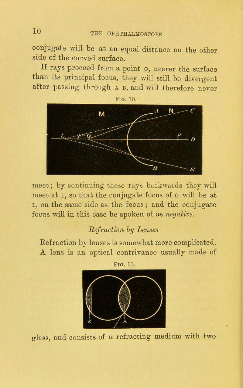 THE OPHTHALMOSCOPE conjugate will be at an equal distance on the other side of the curved surface. If rays proceed from a point o, nearer the surface than its principal focus, they will still be divergent after passing through a and will therefore never Fi&. 10. meet; by continuing these rays backwards they will meet at l, so that the conjugate focus of o will be at jj, on the same side as the focus; and the conjugate focus will in this case be spoken of as negative. Refraction hy Lenses Refraction by lenses is somewhat more complicated. A lens is an optical contrivance usually made of Fig. 11. glass, and consists of a refracting medium with two
