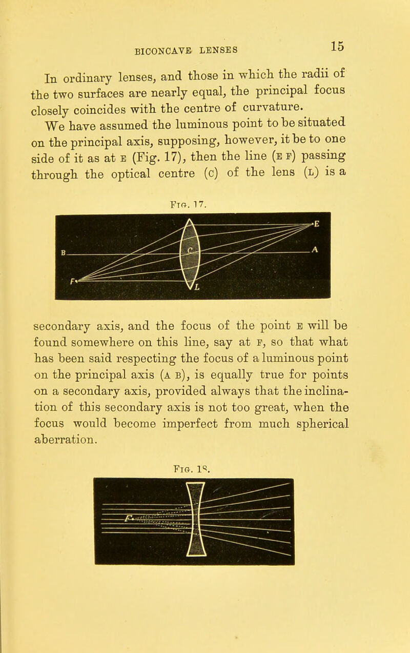 In ordinary lenses, and those in wliicli the radii o£ the two surfaces are nearly equal, the principal focus closely coincides with the centre of curvature. We have assumed the luminous point to be situated on the principal axis, supposing, however, it be to one side of it as at e (Fig. 17), then the line (e f) passing through the optical centre (c) of the lens (l) is a Ft«. 17. 1 1 secondary axis, and the focus of the point b will be found somewhere on this line, say at f, so that what has been said respecting the focus of a luminous point on the principal axis (a b), is equally true for points on a secondary axis, provided always that the inclina- tion of this secondary axis is not too great, when the focus would become imperfect from much spherical aberration. Fig.