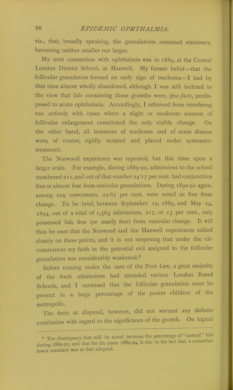 viz., that, broadly speaking, the granulations remained stationary, becoming neither smaller nor larger. My next connection with ophthalmia was in 1889, at the Central London District School, at Hanwell. My former belief—that the follicular granulation formed an early sign of trachoma—I had by that time almost wholly abandoned, although I was still inclined to the view that lids containing those growths were, ipso facto, predis- posed to acute ophthalmia. Accordingly, I refrained from interfering too actively with cases where a slight or moderate amount of follicular enlargement constituted the only visible change. On the other hand, all instances of trachoma and of acute disease were, of course, rigidly isolated and placed under systematic treatment. The Norwood experience was repeated, but this time upon a larger scale. For example, during 1889-90, admissions to the school numbered 211, and out of that number 24'i 7 per cent, had conjunctivte free or almost free from vesicular granulations. During 1890-91 again, among 209 newcomers, 29'67 per cent, were noted as free from change. To be brief, between September 19, 1889, and May 24, 1894, out of a total of 1,563 admissions, 217, or 13 per cent, only possessed lids free (or nearly free) from vesicular change. It will thus be seen that the Norwood and the Hanwell experiences tallied closely on these points, and it is not surprising that under the cir- cumstances my faith in the potential evil assigned to the follicular granulation was considerably weakened.* Before coming under the care of the Poor Law, a great majority of the fresh admissions had attended various London Board Schools, and I surmised that the follicular granulation must be present in a large percentage of the poorer children of the metropolis. The facts at disposal, however, did not warrant any definite conclusion with regard to the significance of the growth. On logical * The discrepancy that will be noted between the percentage of normal lids during 1889-91, and that for the years 1889-94. is due to the fact that a somewhat lower standard was at first adopted.