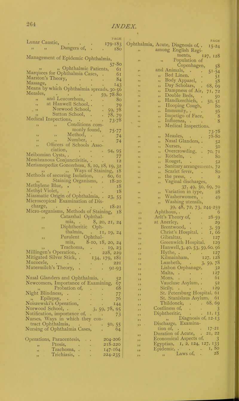 Lunar Caustic, Dangers of, I'AGE 179-1 S3 I So Management of Epidemic Ophthalmia, 57-80 » „ Ophthalmic Patients, 61 Marquees for Ophthalmia Cases, . 61 Marston's Theory, ... 84 Massage, 143 Means by which Ophthalmia spreads, 30-56 Measles, .... 59, 78-80 „ and Leucorrhoea, . . So „ at Hanwell School,. . 79 . „ Norwood School, . 59, 78 „ Sutton School, . . 78, 79 Medical Inspections, . . . 73-78 ), Conditions com- monly found, 75-77 » „ Method, . . 74 » Number, . . 74 „ Oflicers of Schools Asso- ciation, . . -94, 95 Meibomian Cysts, .... 77 Membranous Conjunctivitis, . . 12 Merismopedife Gonorrhoea, 8, 10, iS, 19, 32 )) ,, Ways of Staining, 18 Methods of securing Isolation, . 60, 61 ,, Staining Organisms, . 18-20 Methylene Blue, . . . . 18 Methyl Violet, .... 18 Miasmatic Origin of Ophthalmia, . 23,55 Microscopical Examination of Dis- charge, 18-21 Micro-organisms, Methods of Staining, 18 ,, Catarrhal Ophthal- mia, . 8, 20, 21, 24 ,, Diphtheritic Oph- thalmia, . II, 19, 24 Purulent Ophthal- mia, 8-10, 18, 20, 24 ,, Trachoma, . . 19, 23 Millingen's Operation, . . 228, 229 Mitigated Silver Stick, . 134, 179, 181 Mucocele, . . . . . 221 Mutermilch's Theory, . . . 91-93 Nasal Glanders and Ophthalmia, . 52 Newcomers, Importance of Examining, 67 ,, Probation of, . . 6S Night Blindness, .... 77 „ Epilepsy, .... 76 Noiszewski's Operation, . . 144 Norwood School, . . 3, 59, 78, 95 Notification, importance of, . , 73 Nurses, Ways in which they con- tract Ophthalmia, . . • 5°, 55 Nursing of Ophthalmia Cases, . 64 Operations, Paracentesis, „ Ptosis, „ Trachoma, . „ Trichiasis, . 204-206 218-220 147-164 224-235 PAGE Ophthalmia, Acute, Diagnosis of, . 15-24 „ among English Regi- ments, 127, 128  M Population of Copenhagen, 58 and Animals, . . 51-54 „ Bed Linen. . 51 „ Body Apparel, . 58 -> » Day Scholars, . 68, 69 '> Dampness of Air, 71,72 ,, Double Beds, . 50 >i „ Handkerchiefs, . 50, 51 M „ Hooping Cough, So  Immunity, . . 56 i> „ Impetigo of Face, 8 . „ Influenza, . . 8 Medical inspections. 73-78 7S-S0 52 50 70, 71 So 52 Measles, Nasal Glanders, Nurses, Overcrowding, Rotheln, . Rouget, Sanitary arrangements, 72 Scarlet fever, . So the press, . . 2 Vaginal discharges, 37, 49. 50, 69, 70 ^\'^riation in type, 28 Washerwomen, . 49 Washing utensils, 39, 48, 72, 73, 244-259 Aphthous,. Arlt's Theory of, at Anerley, Brentwood, . Christ's Hospital Gibraltar, Greenwich Hospital, 6 28-59 29 3, 59 I, 66 127 129 Hanwell,3, 40, 53, 59,60. 96 Hythe, . . . 127 Kilmainham, 127, 128 L-ambeth, . 3, 59, 78 Lisbon Orphanage, 32 Malta, . . . 127 Mons, . . . 61 Vaucluse Asylum, . 52 Sicily, . . . 129 St. Petersburg Hospital, 61 St. Stanislaus Asylum, 61 Thildonck, . . 68, 69 Costliness of, . . 3 Diphtheritic, . . n, 13 „ Diagnosis of, 12-13 Discharge, Examina- tion of, . . .17-21 Duration of Acute, . 21,22 Economical Aspects of, 3 Eg)'ptian, Epidemic, I, 2, 124, 127. 133 Laws of. I, 80 28