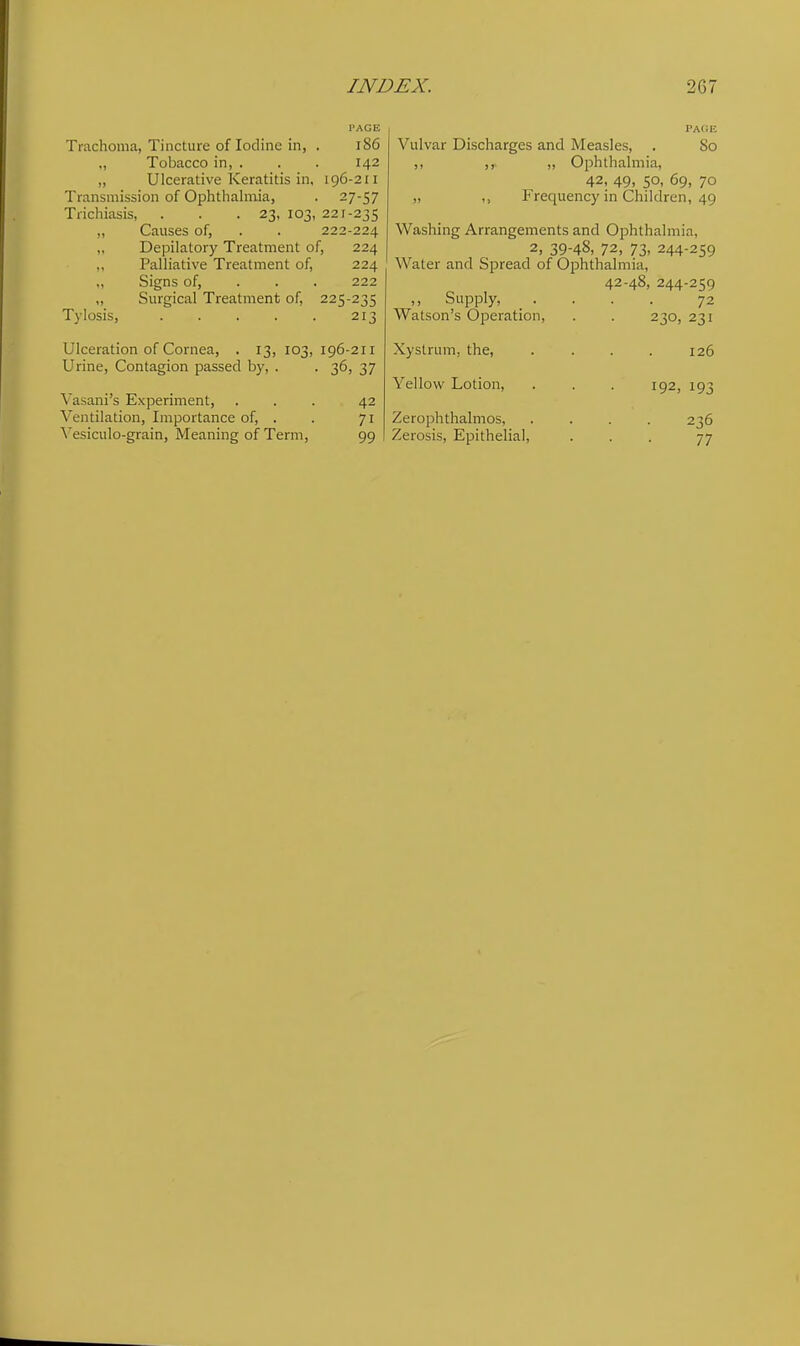 PAGE Trachoma, Tincture of Iodine in, . i86 ., Tobacco in, . . . 142 „ Ulcerative Keratitis in, 196-211 Transmission of Ophthalmia, . 27-57 Trichiasis, . . .23, 103, 221-235 „ Causes of, . . 222-224 Depilatory Treatment of, 224 Palliative Treatment of, 224 Signs of, . . . 222 ,, Surgical Treatment of, 225-235 Tylosis, . . . . . 213 Ulceration of Cornea, . 13, 103, 196-211 Urine, Contagion passed by, . . 36, 37 Vasani's Experiment, ... 42 Ventilation, Importance of, . . 71 ^'esiculo-grain, Meaning of Term, 99 PACE Vulvar Discharges and Measles, . So ,, ,, ,, Ophthalmia, 42, 49, 50, 69, 70 „ ,, Frequency in Children, 49 Washing Arrangements and Ophthalmia, 2, 39-48, 72, 73, 244-259 Water and Spread of Ophthalmia, 42-48, 244-259 ,, Supply, .... 72 Watson's Operation, . . 230, 231 Xystrum, the, . . . . 126 Yellow Lotion, . . . 192, 193 Zerophthalmos, .... 236 Zerosis, Epithelial, ... 77