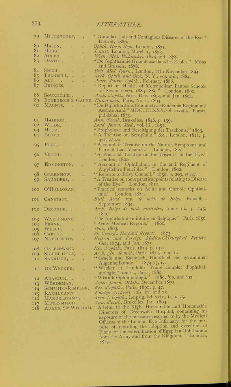 79 MiTTENDORK, .  Granular Lids and Contagious Diseases of the Eye. Detroit, 1886. 80 Mason, . . Ophth. Hasp. Kcp., London, 1871. 81 Hogg, . . Lancet, London, March i, 1873. 82 AOLER, . . Wien. Med. IVchnschr., 1875 and 1878. 83 Dastot, . . Del'ophthahnieGranuleusedanslesEcoles. Mens and Brussels, 1878. 84 Sneli,, . . Brit. Med. /oiirn., London, 17th November 1894. 85 TuRNBiTi.i,, . . Arch. Ophth. and Otol., N. Y., vol. xiii., 1884. 86 Alt, . . . Amer. Joiim. Ophth., Yehr\x3.xy i?,?,6. 87 Bridges, . .  Report on Health of Metropolitan Pauper Schools for Seven Years, 1883-1889. London, 1890. 88 SOURDILLE, . . Arch, d'opht., Paris, Dec. 1893, and Jan. 1894. 89 Bourgeois & Gaube, Union vied., Paris, No. i., 1894. 90 Magnus, . . De Diphtheritidis Conjunctivae EpidemiaRegiomonii Aestate Anni, MDCCCLXXX. Observata. Thesis, published 1859. 91 Hairion, . . Ann. d'ocnl., Bruxelles, 1846, p. 159. 92 Wll.DE, . . Lond. Jotirn. Med.,vo\.\\\., 1851. 93 HoOR, . .  Prophylaxe und Beseitigung des Trachoms, 1893. 94 Lloyd, . . A Treatise on Scrophula, &c., London, 1821, p. 321, et seq. 95 Foot, . . . A complete Treatise on the Nature, Symptoms, and Cure of Lues Venerea. London, 1820. 96 Vetch, . . ''A Practical Treatise on the Diseases of the Eye. London, 1820. 97 Edmonston, .  Account of Ophthalmia in the 2nd Regiment of Argyllshire Fencibles. London, 1802. 98 Greenhow, .  Reports to Privy Council, 1858, p. 209, et seq. 99 Saunders, . . A Treatise on some practical points relating to Disease of the Eye. London, 1811. ICO O'Halloran, . Practical remarks on Acute and Chronic Ophthal- mia. London, 1824. 101 Canstatt, . . Bull. Acad. roy. de vied, de Belg., Bruxelles. September 1834. 102 Deconde, . . Arch. Beige de vied, ntilitaire, tome iii., p. 145, 1849- ' . , . o 103 Warlomont. .  De I'ophthalmie militaire en Belgique. Pans, 1856. 104 Frank, . .  Army Medical Reports. i860. 105 Welch, . . Ibid., 1863. 106 Carter, . . St. George's Hospital Reports. 1873. 107 Nettleshii, . British and Foreign Medico-Chirurgical Review. Oct. 1874, and Jan. 1875. 108 Galezowski, . Rec. d'ophth., Paris, 1874, p. 132. 109 SiciiEL (Fii.s), . Arch. gen. de vied., Paris, 1874, tome ii. no Saemisch, . .  Graefe und Saemisch, Handbuch der gesammten Augenheilkunde. 1874-77, iv. 111 DeWecker, . Wecker et Landolt : Traite complet d'ophthal- mologie, tome i., Paris, 1880. 112 Adamiuk, . . Wistnik Ophtalmologii. 1889, '90, and'92. 113 Wurdeman, . Aniej-.Journ. Ophth., December 1890. 114 Schmidt-Rimpler, Rec. d'ophth., Paris, 1890, p. 47- 115 Raehlmann, . Knapps Airhives, vo\5. \v. a.T\iX \\. 116 Mandelstamm, . Arch.f. Ophth., Leipzig, bd. xxix., i., p. 55. 117 MUTERMILCH, . y/;/;/. Bruxelles, Jan. 1893. 118 Adams, Sir William, A letter to the Right Honourable and Honourable Directors of Greenwich Hospital, containing an exposure of the measures resorted toby the Medical Officers of the London Eye Infirmary, for the pur- pose of retarding the adoption and execution of Plans for the extermination of Egyptian Ophthalmia from the Army and from the Kingdom. London, 18x7.