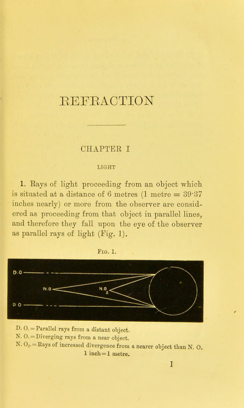 EEFEACTION CHAPTER I LIGHT 1. Rays of light proceeding from an object wliicli is situated at a distance of 6 metres (1 metre = 39*37 inches nearly) or more from the observer are consid- ered as proceeding from that object in parallel lines^ and therefore they fall npon the eye of the observer as parallel rays of light (Fig. 1). Fig. 1. D. 0. = Parallel rays from a distant object. N. 0. = Diverging rays from a near object. N. 02. = Rays of increased divergence from a nearer object than N. 0, 1 incli = l metre.