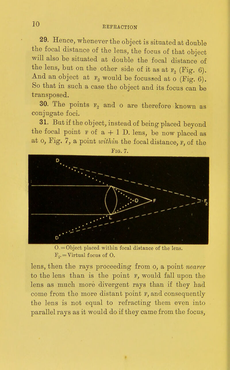 EEPRACTION 29. Hence, whenever the object is situated at double the focal distance of the lens, the focus of that object will also be situated at double the focal distance of the lens, but on the other side of it as at F3 (Fig. 6). And an object at i-^ would be focusaed at 0 (Fig. 6). So that in such a case the object and its focus can be transposed. 30. The points and o are therefore known as conjugate foci. 31. But if the object, instead of being placed beyond the focal point r of a + 1 D. lens, be now placed as at 0, Fig. 7, a point within the focal distance, p, of the Fig. 7. 0. = Objecfc placed within focal distance of the lens. ^0. = Virtual focus of 0. lens, then the rays proceeding from 0, a point nearer to the lens than is the point f, would fall upon the lens as much more divergent rays than if they had come from the more distant point r, and consequently the lens is not equal to refracting them even into parallel rays as it would do if they came from the focus,