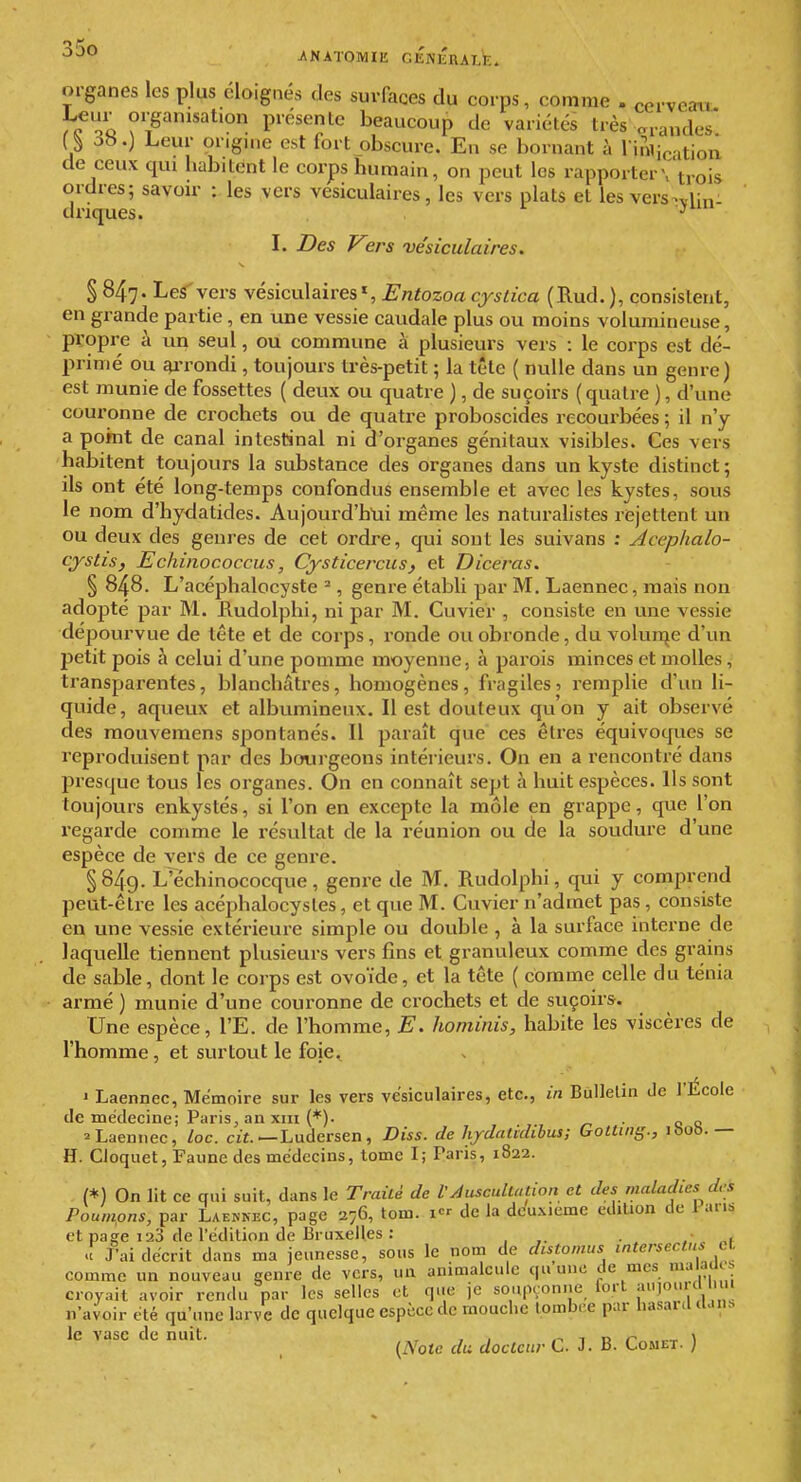 organes les plus éloignés des surfaces du corps, comme . cerveait J^ur oi-ganisation présente beaucoup de variétés très grandes* ( ^ ob.) Leur origine est fort obscure. En se bornant à l inlicntion de ceux qui habitent le corps humain, on peut les rapporterC'ti-ois ordres; savou- : les vers vesiculaires, les vers plats et les versnlin dnques. •' I. Des V°rs vesiculaires. § 847. Les'vers vesiculaires', Entozoa cystica (Rud. ), consistent, en grande partie, en une vessie caudale plus ou moins volumineuse, pïopre à un seul, ou commune à plusieurs vers : le corps est dé- primé ou ^-rondi, toujours très-petit ; la tête ( nulle dans un genre) est munie de fossettes ( deux ou quatre ), de suçoirs (quatre ), d'une couronne de crochets ou de quatre proboscides recourbées ; il n'y a point de canal intestinal ni d'organes génitaux visibles. Ces vers habitent toujours la substance des organes dans un kyste distinct; ils ont été long-temps confondus ensemble et avec les kystes, sous le nom d'hydatides. Aujourd'hiii même les naturalistes rejettent un ou deux des genres de cet ordre, qui sont les suivans : Acephalo- cystis, Echinococcus, Cysticercus, et Diceras. § 848. L'acéphalocyste ^, genre établi par M. Laennec, mais non adopté par M. Rudolphi, ni par M. Cuvier , consiste en une vessie dépourvue de tête et de corps, ronde ou obronde, du volun^e d'un petit pois à celui d'une pomme moyenne, à pai'ois minces et molles, transparentes, blanchâtres, homogènes, fragiles■> remplie d'un li- quide, aqueux et albumineux. Il est douteux qu'on y ait observé des mouvemens spontanés. Il paraît que ces êtres équivotpies se reproduisent par des bourgeons intéi'ieurs. On en a rencontré dans presque tous les organes. On en connaît sept à huit espèces. Ils sont toujours enkystés, si l'on en excepte la môle en grappe, que l'on regarde comme le résviltat de la réunion ou de la soudure d'une espèce de vers de ce genre. §849. L'échinococque, genre de M. Rudolphi, qui y comprend peut-être les acéphalocysles, et que M. Cuvier n'admet pas, consiste en une vessie extérieure simple ou double , à la surface interne de laquelle tiennent plusieurs vers fins et granuleux comme des grains de sable, dont le corps est ovoïde, et la tête ( comme celle du ténia armé ) munie d'une couronne de crochets et de suçoirs. Une espèce, l'E. de l'homme, E. hominis, habite les viscères de l'homme, et svu'tout le foie., ' Laennec, Mémoire sur les vers vesiculaires, etc., in Bulletin de l'École de médecine; Paris, an XIII (*). . „ „ 2Laennec, loc. cif. — Ludersen, Diss. de hjdatidibus; Gotting., ibob.— H. Cloquet, Faune des médecins, tome I; Paris, 1822. (*) On lit ce qui suit, dans le TraiLé de l'Auscultation et des maladies d,'s Poumpns, par Laekrec, page 276, tom. i de Ja deuxième édition de 1 arib et page 123 de l'édition de Bruxelles ; . • « J'ai décrit dans ma jeunesse, sous le nom de distomus intersectus et comme un nouveau genre de vers, un animalcule qu une de mes 'ualaUt^ croyait avoir rendu par les selles et que je soupçonne fort au,ourd nu n'avoir été qu'une larve de quelque espèce de mouche tombée par hasauUlanh le vase de nuit. , , , ^ v, y (Note du docteur C. J. B. Lomet- ;