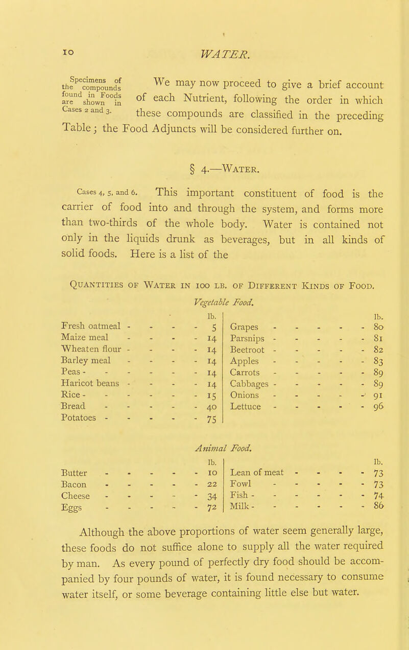 thf^'^compounds ^^^ proceed to give a brief account irr^hCw^°°i^ °^ ^^^ Nutrient, following the order in which Cases 2 and 3. tj^ese compounds are classified in the preceding Table; the Food Adjuncts will be considered further on. § 4.—Water. Cases 4, s, and 6. This important constituent of food is the carrier of food into and through the system, and forms more than two-thirds of the whole body. Water is contained not only in the liquids drunk as beverages, but in all kinds of solid foods. Here is a list of the Quantities of Water in icx) lb. of Different Kinds of Food. Vegetable Food. lb. lb. Fresh oatmeal - - 5 - 80 Maize meal - 14 Parsnips - . - - 81 Wheaten flour - - 14 Beetroot - - - - 82 Barley meal - 14 Apples - - 83 - 14 Carrots - - . - - 89 Haricot beans - - 14 Cabbages - - - 89 Rice - - - - - IS Onions - . . - 91 Bread ... - 40 . - 96 - 75 Butter Bacon Cheese Eggs Animal Food. lb. - 10 - 22 34 72 Lean of meat Fowl Fish - Milk - lb. 73 73 74 86 Although the above proportions of water seem generally large, these foods do not suffice alone to supply all the water required by man. As every pound of perfectly dry food should be accom- panied by four pounds of water, it is found necessary to consume water itself, or some beverage containing little else but water.