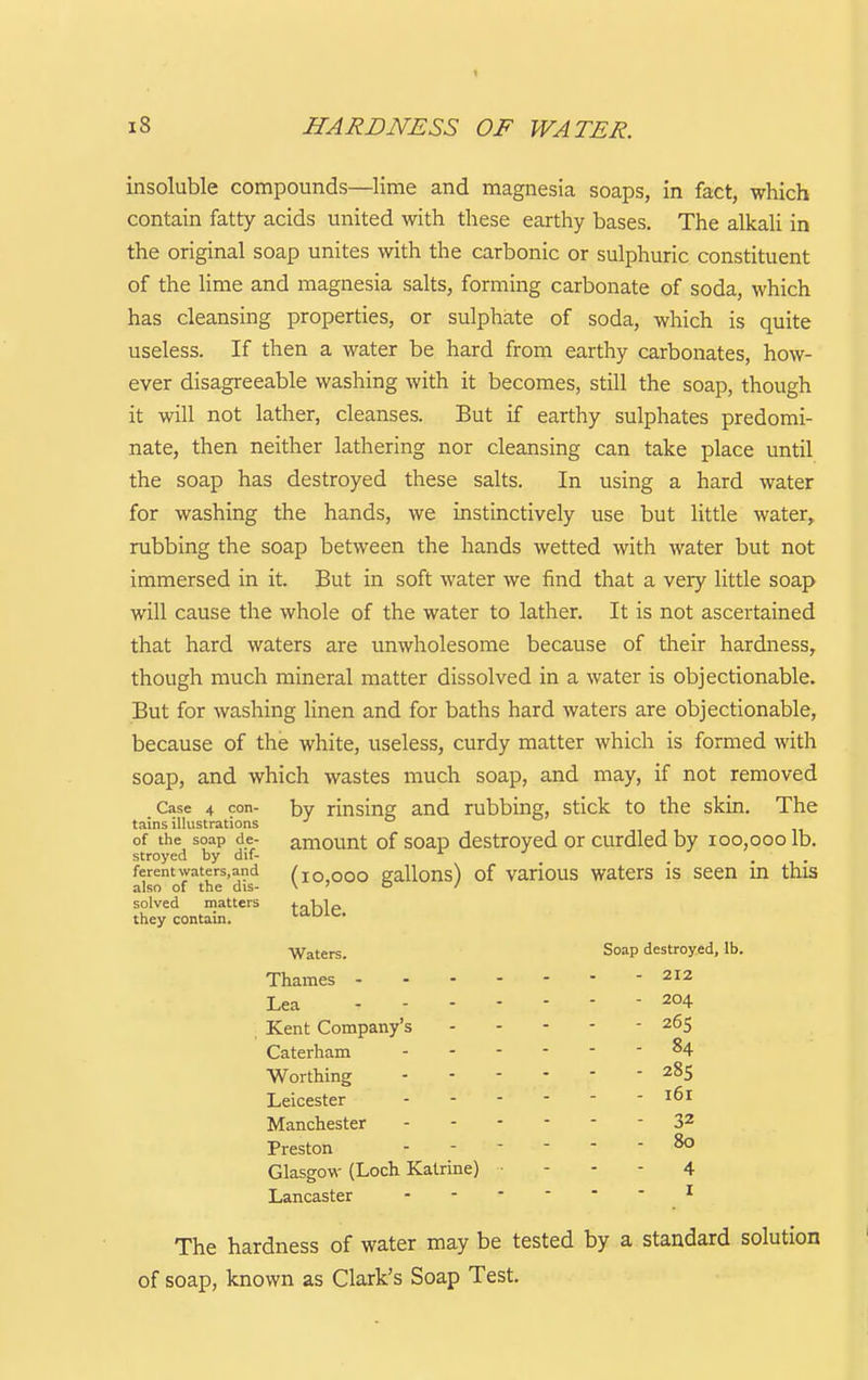 » i8 HARDNESS OF WATER. insoluble compounds—lime and magnesia soaps, in fact, which contain fatty acids united with these earthy bases. The alkali in the original soap unites with the carbonic or sulphuric constituent of the lime and magnesia salts, forming carbonate of soda, which has cleansing properties, or sulphate of soda, which is quite useless. If then a water be hard from earthy carbonates, how- ever disagreeable washing with it becomes, still the soap, though it will not lather, cleanses. But if earthy sulphates predomi- nate, then neither lathering nor cleansing can take place until the soap has destroyed these salts. In using a hard water for washing the hands, we instinctively use but little water, rubbing the soap between the hands wetted with water but not immersed in it. But in soft water we find that a very little soap will cause the whole of the water to lather. It is not ascertained that hard waters are unwholesome because of their hardness, though much mineral matter dissolved in a water is objectionable. But for washing linen and for baths hard waters are objectionable, because of the white, useless, curdy matter which is formed with soap, and which wastes much soap, and may, if not removed Case 4 con- by rinsing and rubbing, stick to the skin. The tains illustrations jo j -l ii of the soap de- amount of soap destroyed or curdled by 100,000 lb. stroyed by dii- ... ferentwaters.and /lo.ooo gallons) of various watcrs is seen m this also of the dis- \ ' o / solved matters tnKlfi they contain. Ld-Uic. ■Waters. Soap destroyed, lb. Thames 212 Lea 204 , Kent Company's 265 Caterham - - - - 84 Worthing 285 Leicester Manchester - 32 Preston ------ 80 Glasgow (Loch Katrine) • - - - 4 Lancaster ------ I The hardness of water may be tested by a standard solution of soap, known as Clark's Soap Test.
