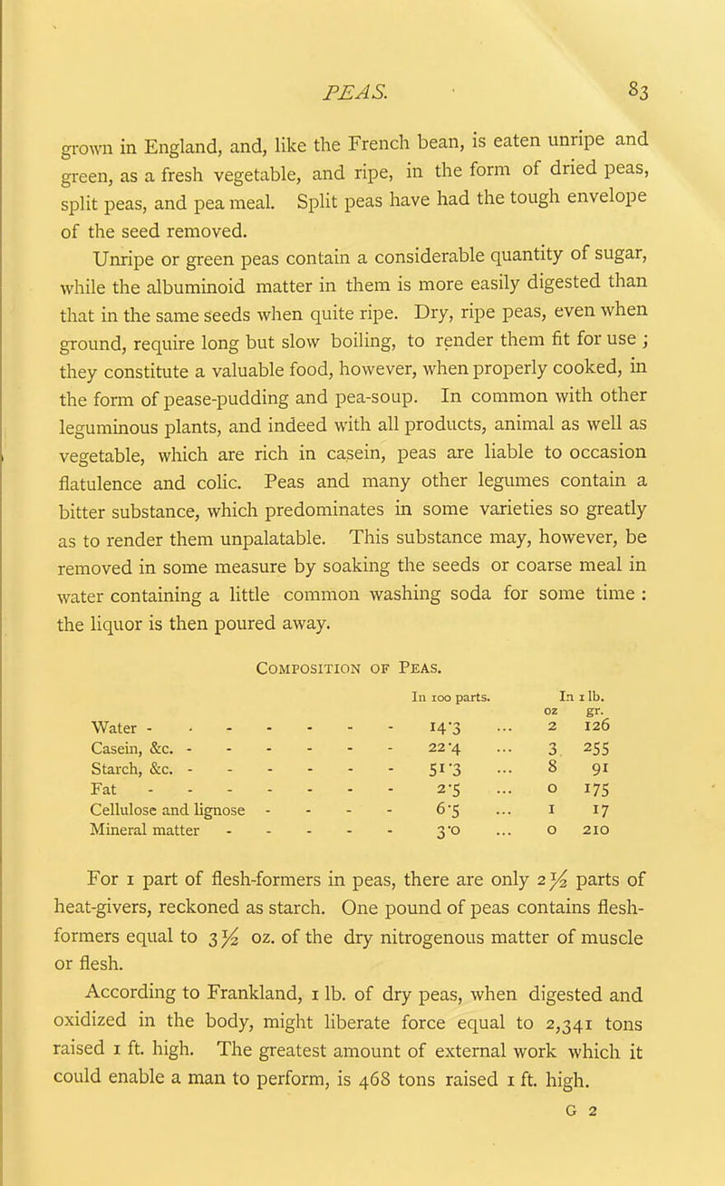 grown in England, and, like the French bean, is eaten unripe and green, as a fresh vegetable, and ripe, in the form of dried peas, split peas, and pea meal. Split peas have had the tough envelope of the seed removed. Unripe or green peas contain a considerable quantity of sugar, while the albuminoid matter in them is more easily digested than that in the same seeds when quite ripe. Dry, ripe peas, even when ground, require long but slow boiling, to render them fit for use ; they constitute a valuable food, however, when properly cooked, in the form of pease-pudding and pea-soup. In common with other leguminous plants, and indeed with all products, animal as well as vegetable, which are rich in casein, peas are liable to occasion flatulence and colic. Peas and many other legumes contain a bitter substance, which predominates in some varieties so greatly as to render them unpalatable. This substance may, however, be removed in some measure by soaking the seeds or coarse meal in water containing a little common washing soda for some time : the liquor is then poured away. Composition of Peas. In icxj parts. In i lb. oz gr. Water I43 ••• 2 126 Casein, &c. 22-4 ... 3 255 Starch, &c. 51 3 ••• 8 91 Fat 2-5 ... o 17s Cellulose and lignose - - - - 65 ... i 17 Mineral matter 3'o ... 0210 For I part of flesh-formers in peas, there are only 2 ^ parts of heat-givers, reckoned as starch. One pound of peas contains flesh- formers equal to 3^^ oz. of the dry nitrogenous matter of muscle or flesh. According to Frankland, i lb. of dry peas, when digested and oxidized in the body, might liberate force equal to 2,341 tons raised i ft. high. The greatest amount of external work which it could enable a man to perform, is 468 tons raised i ft. high. G 2