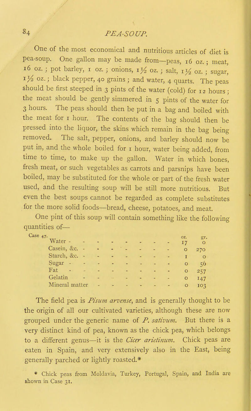 One of the most economical and nutritious articles of diet is pea-soup. One gallon may be made from—peas, i6 oz. ; meat, 16 oz. ; pot barley, i oz. ; onions, i^^ oz. ; salt, oz. ; sugar, oz.; black pepper, 40 grains ; and water, 4 quarts. The peas should be first steeped in 3 pints of the water (cold) for 12 hours ; the meat should be gently simmered in 5 pints of the water for 3 hours. The peas should then be put in a bag and boiled with the meat for i hour. The contents of the bag should then be pressed into the liquor, the skins which remain in the bag being removed. The salt, pepper, onions, and barley should now be put in, and the whole boiled for i hour, water being added, from time to time, to make up the gallon. Water in which bones, fresh meat, or such vegetables as carrots and parsnips have been boiled, may be substituted for the whole or part of the fresh water used, and the resulting soup will be still more nutritious. But even the best soups cannot be regarded as complete substitutes for the more solid foods—bread, cheese, potatoes, and meat. One pint of this soup will contain something like the following quantities of— Case 47. oz gr. Water 17 o Casein, &c. o 270 Starch, &c. i o Sugar - o 56 Fat - o 257 Gelatin ........ o 147 Mineral matter - o 103 The field pea is Pisum arvense, and is generally thought to be the origin of all our cultivated varieties, although these are now grouped under the generic name of P. sativum. But there is a very distinct kind of pea, known as the chick pea, which belongs to a different genus—it is the Ctcer arietimm. Chick peas are eaten in Spain, and very extensively also in the East, being generally parched or lightly roasted.* * Chick peas from Moldavia, Tm-key, Portugal, Spain, and India are shown in Case 31.