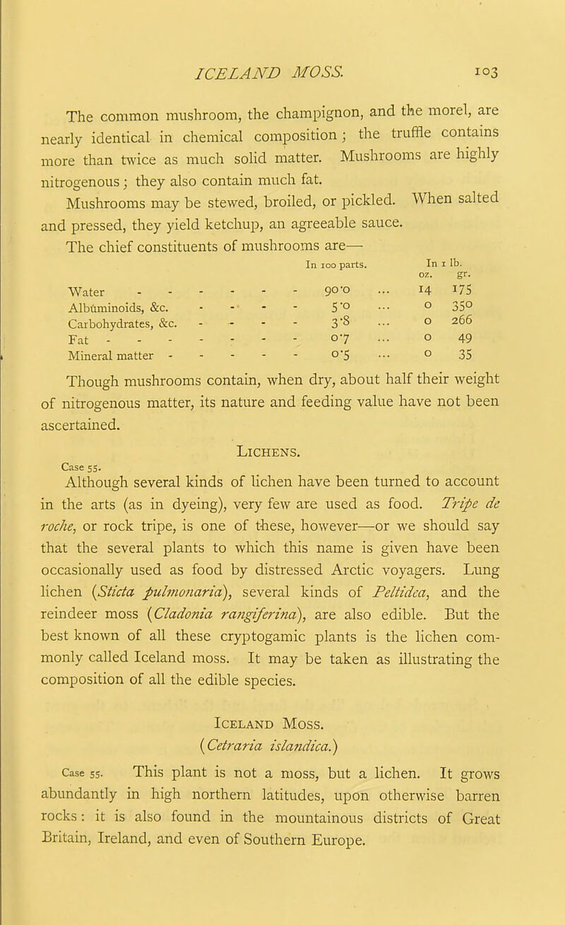 The common mushroom, the champignon, and the morel, are nearly identical in chemical composition; the truffle contains more than twice as much solid matter. Mushrooms are highly nitrogenous; they also contain much fat. Mushrooms may be stewed, broiled, or pickled. When salted and pressed, they yield ketchup, an agreeable sauce. The chief constituents of mushrooms are— In 100 parts. In i lb. oz. gr. Water 90'0 Albuminoids, &c. ■ - - - 5'° Carbohydrates, &c. - - - - 38 Fat 07 14 o 35° o 266 o 49 o 35 Mineral matter o'5 Though mushrooms contain, when dry, about half their weight of nitrogenous matter, its nature and feeding value have not been ascertained. Lichens. Case 55. Although several kinds of lichen have been turned to account in the arts (as in dyeing), very few are used as food. Tripe de roche, or rock tripe, is one of these, however—or we should say that the several plants to which this name is given have been occasionally used as food by distressed Arctic voyagers. Lung lichen {Sticta pulmofiaria), several kinds of Peltidea, and the reindeer moss {Cladonia rangtfei-ina), are also edible. But the best known of all these cryptogamic plants is the lichen com- monly called Iceland moss. It may be taken as illustrating the composition of all the edible species. Iceland Moss. {Cetmria islandica.) Case 55. This plant is not a moss, but a lichen. It grows abundantly in high northern latitudes, upon otherwise barren rocks: it is also found in the mountainous districts of Great Britain, Ireland, and even of Southern Europe.