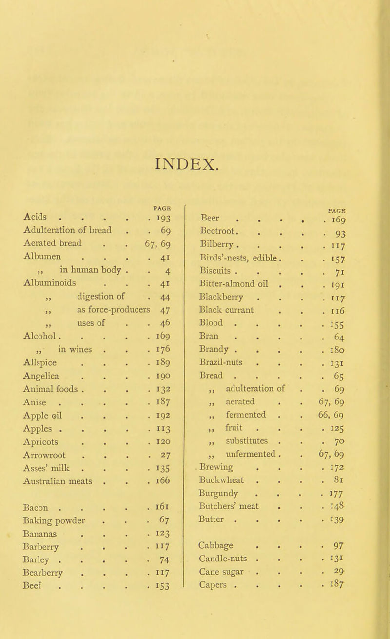 INDEX. Acids .... PAGE PACE JJCCl • « ■ • . 169 Adulteration of bread . 6q Repf rnof • 93 Aerated bread . . 67 6q ±j 11 Ltd * y • ■ * . 117 AlbuTnpn A T Birds'-nests, edible • • 157 in linTnan bndv 4 -OlbCUllS ... • 71 A1 rill m 1 n mrl c A T • 41 Bitter-almond oil • . 191 A A 44 Til 1-r»o»-»-Tr jDitiLivuerry . . • 7 , J cla lOl Lc-prOUULC rs 47 Black currant . . 110 ,y uses of . . 46 Blood . . . . xxiconoi • • . • > 1 uy Bran . . • . ■ 64 J 3 Hi WlllCo • • T lf\ xJictiiuy . . . . XxlloUlLC • • • 189 m 711 -Tin f c • 131 Angelica . . • . 1 y-* Bread . . . . fie Animal foods . . . • 132 adulteration of • 69 Anise .... . 187 ,, aerated 67, 69 Apple oil . . . . 192 ,, fermented 66, 69 Apples .... • 3 fruit . 125 Apricots . 120 substitutes • 70 Arrowroot • 27 ,, unfermented. 67, 69 Asses' milk • 135 Brewing . 172 Australian meats . . 166 Buckwheat . 81 Burgundy • 177 Bacon .... . 161 Butchers' meat . 148 Baking powder . 67 Butter . . . . • 139 Bananas . 123 Barberry • 7 Cabbage . • 97 Barley .... • 74 Candle-nuts . • 131 Bearberry . 117 Cane sugar • 29