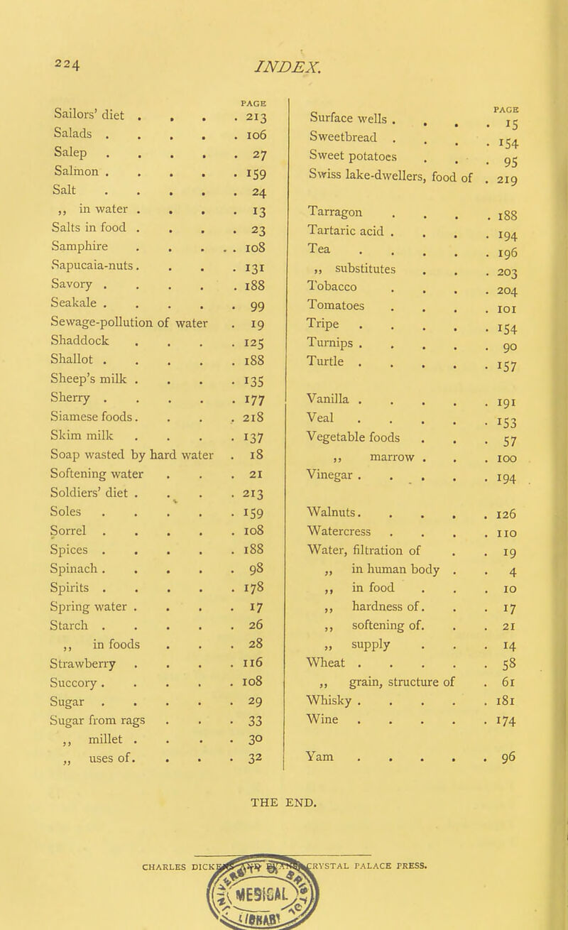 Sailors' diet Salads . Salep Salmon . Salt in water Salts in food Samphire Sapucaia-nuts. Savory , Seakale , Sewage-pollution of water Shaddock Shallot . Sheep's milk Sherry . Siamese foods. Skim milk Soap wasted by hard water Softening water Soldiers' diet . Soles Sorrel Spices Spinach Spirits Spring water . Starch . ,, in foods Strawberry Succory . Sugar Sugar from rags ,, millet . ,, uses of. PAGE • 213 Surface wells . PACE T c T r* « . 106 Sweetbread . • 27 Sweet potatoes . Ql • 159 Swiss lake-dwellers, food of • 219 . 24 • 13 Tarragon . 100 • 23 Tartaric acid . . lyij. . 108 Tea .... . 196 • 131 „ substitutes • 203 . 188 Tobacco . 204 • 99 Tomatoes . lOI • 19 Tripe .... . I^d . * . 125 Turnips .... . 90 . 188 Turtle .... * *0/ • 135 • 177 Vanilla .... . IQI , 218 Veal .... • '■J J • 137 Vegetable foods . 18 ,, marrow . . 100 . 21 Vinegar .... . 213 • 159 Walnuts. . . , . 126 . 108 Watercress . no . 188 Water, filtration of • 19 • 98 ,, in human body . 4 . 178 ,, in food . 10 • 17 ,, hardness of. • 17 . 26 softening of. . 21 . 28 „ supply . 14 . u6 Wheat .... • 58 . 108 „ grain, structure of . 61 . 29 Whisky .... . 181 • 33 Wine .... . 174 • 30 • 32 Yam ...» . 96 THE END.