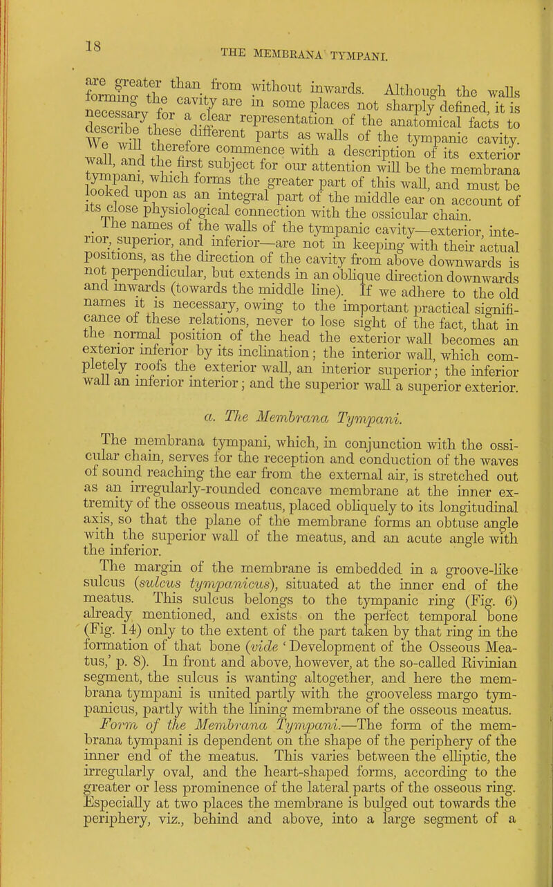 THE MEMBRANA' TYMPANI. neS^^^^^ some i)laces not sharply defined, it is SX^fl pL^'i'' representation of the anatomical facts to We tiT f P^'^' ^^'^^^^^ tympanic cavity, wall T^d If IT r'^T'' ^^^^^ ^ description of its exterior vm;.o?r V '''^J'? ^^^^^^^ the membrana tympani, which forms the greater part of this waU, and must be looked upon as an integral part of the middle ear on account of Its close physiological connection with the ossicular chain _ ihe names of the walls of the tympanic cavity—exterior inte- rior superior and inferior—are not in keepmg with their actual positions, as the du-ection of the cavity from above downwards is not perpendicular, but extends in anobhque direction downwards and mwards (towards the middle line). If we adhere to the old names it is necessary, owing to the important practical signifi- cance of these relations, never to lose sight of the fact, that in tne normal position of the head the exterior wall becomes an exterior inferior by its inclination; the interior waU, which com- pletely roofs the exterior wall, an interior superior; the inferior wall an inferior mterior; and the superior wall a superior exterior. a. The Membrana Tympani. The membrana tympani, which, in conjunction with the ossi- cular chain, serves for the reception and conduction of the waves of sound reaching the ear from the external air, is stretched out as an irregularly-rounded concave membrane at the inner ex- tremity of the osseous meatus, placed obliquely to its longitudinal axis, so that the plane of the membrane forms an obtuse angle with the superior wall of the meatus, and an acute angle with the inferior. The margin of the membrane is embedded in a groove-like sulcus (sulcus tympanicus), situated at the inner end of the meatus. This sulcus belongs to the tympanic ring (Fig. 6) already mentioned, and exists on the perfect temporal bone (Fig. 14) only to the extent of the part taken by that ring in the formation of that bone (vide ' Development of the Osseous Mea- tus,' p. 8). In front and above, however, at the so-called Kivinian segment, the sulcus is wanting altogether, and here the mem- brana tympani is united partly with the grooveless margo tym- panicus, partly with the hning membrane of the osseous meatus. Form of the Membrana Tympani.—The form of the mem- brana t3anpani is dependent on the shape of the periphery of the inner end of the meatus. This varies between the elhptic, the irregularly oval, and the heart-shaped forms, according to the greater or less prominence of the lateral parts of the osseous ring. Especially at two places the membrane is bulged out towards the periphery, viz., behind and above, into a large segment of a