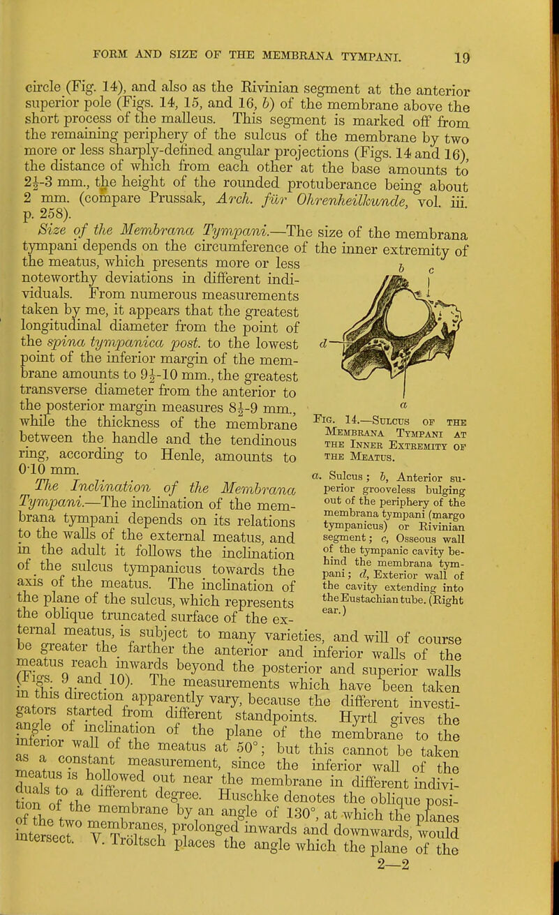 circle (Fig. 14), and also as the Eivinian segment at the anterior superior pole (Figs. 14, 15, and 16, h) of the membrane above the short process of the malleus. This segment is marked off from the remaming periphery of the sulcus of the membrane by two more or less sharply-defined angular projections (Figs. 14 and 16), the distance of which from each other at the base amounts to 2-|-3 mm., the height of the rounded protuberance being about 2 mm. (compare Prussak, Arch, fur Ohrenheillmnde, vol iii p. 258). ■ ■ Size of the Membrana Tympani.—The size of the membrana tympani depends on the circumference of the inner extremity of the meatus, which presents more or less noteworthy deviations in different indi- viduals. From numerous measurements taken by me, it appears that the greatest longitudinal diameter from the point of the spina tympanica post, to the lowest point of the inferior margin of the mem- brane amounts to 9|-10 mm., the greatest transverse diameter from the anterior to the posterior margin measures 8|-9 mm., while the thickness of the membrane between the handle and the tendinous rmg, according to Henle, amoimts to 0-10 mm. The Inclination of the Membrana Tympani.—The inclination of the mem- brana tympani depends on its relations to the walls of the external meatus, and in the adult it follows the inclination of the sulcus tympanicus towards the axis of the meatus. The inclination of the plane of the sulcus, which represents the obhque truncated surface of the ex- ternal meatus, is subject to many varieties, and wiU of course be greater the farther the anterior and inferior waUs of the meatus reach mwards beyond the posterior and superior walls ii^ S« .T f measurements which have been taken m thisd rection apparently vary, because the different investi- gators started from different standpoints. Hyrtl gives the as T Lmlf be taken as a constant measurement, smce the inferior wall of the Ss toa rw'^. 7' '''S^' r^b--- - different ind vi! Sofof T ^^T^- ^-'^^^^^^ denotes the oblique posi- ofThP tin ^T^^^^^ by,^^ ^ngle of 130°, at which the pLes intersec7 T t T'S' ^1°^°^^^^ downwards, would intersect. V. Troltsch places the angle which the plane of the 2—2 . Fig. 14.—Sulcus OP THE Membrana Tympani at THE Inner Extremity of THE Meatus. a. Sulcus ; 6, Anterior su- perior grooveless bulging out of the periphery of the membrana tympani (margo tympanicus) or Eivinian segment; c, Osseous wall of the tympanic cavity be- hind the membrana tym- pani ; d, Exterior wall of the cavity extending into the Eustachian tube. (Right ear.)