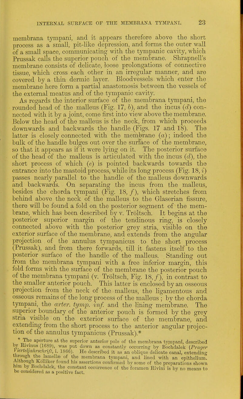 membrana tympani, and it appears therefore above the short process as a small, pit-hke depression, and forms the outer wall of a small space, communicating with the tympanic cavity, which Prussak calls the superior pouch of the membrane. Shrapnell's membrane consists of delicate, loose prolongations of connective tissue, which cross each other in an irregular maimer, and are covered by a thin dermic layer. Bloodvessels which enter the membrane here form a partial anastomosis between the vessels of the external meatus and of the tympanic cavity. As regards the interior surface of the membrana tympani, the rounded head of the malleus (Fig. 17, b), and the incus (d) con- nected with it by a joint, come first into view above the membrane. Below the head of the malleus is the neck, from which proceeds downwards and backwards the handle (Figs. 17 and 18). The latter is closely connected with the membrane (a); indeed the bullc of the handle bulges out over the surface of the membrane, so that it appears as if it were lying on it. The posterior surface of the head of the malleus is articulated with the incus (d), the short process of which (<?) is pointed backwards towards the entrance into the mastoid process, while its long process (Fig. 18, i) passes nearly parallel to the handle of the malleus downwards and backwards. On separating the incus from the malleus, besides the chorda tympani (Fig. 18, /), which stretches from behind above the neck of the malleus to the Glaserian fissure, there will be found a fold on the posterior segment of the mem- brane, which has been described by v. Troltsch. It begins at the posterior superior margin of the tendinous ring, is closely connected above with the posterior grey stria, visible on the exterior surface of the membrane, and extends from the angular projection of the annulus tympanicus to the short process (Prussak), and from there forwards, till it fastens itself to the posterior surface of the handle of the malleus. Standing out from the membrana tjmapani with a free inferior margin, this fold forms with the surface of the membrane the posterior pouch of the membrana tympani (v. Troltsch, Fig. 18, /), in contrast to the smaller anterior pouch. This latter is enclosed by an osseous projection from the neck of the malleus, the ligamentous and osseous remains of the long process of the malleus ; by the chorda tympani, the arter. tymp. inf. and the lining membrane. The superior boundary of the anterior pouch is formed by the grey stria visible on the exterior surlace of the membrane, and extending from the short process to the anterior angular projec- tion of the annulus tympanicus (Prussak).* , aperture at the superior anterior pole of the membrana tympani, described by Eivinus (1689), was put down as constantly occurring by Bochdalek [Prar/er Vierteljahrschrift, i. 1866). He described it as an oblique delicate canal, extending through the lamellae of the membrana tympani, and lined with an epithelium. Although Kolhker found his assertions confirmed by some of the preparations shown him by Bochdalek, the constant occurrence of the foramen Kivini is by no means to be considered as a positive fact.