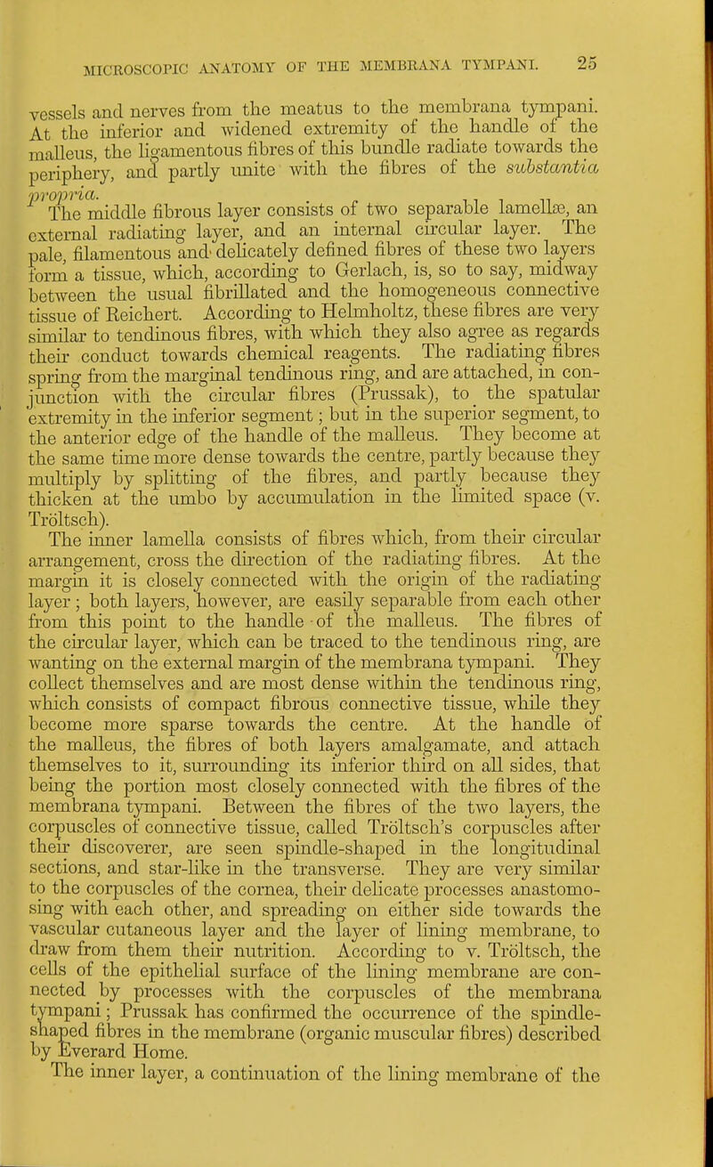 vessels and nerves from the meatus to the membrana tympani. At the inferior and widened extremity of the handle of the malleus, the ligamentous fibres of this bundle radiate towards the periphery, and partly unite with the fibres of the substantia ^^'ihe^ middle fibrous layer consists of two separable lamellaj, an external radiating layer, and an internal circular layer. The pale, filamentous and dehcately defined fibres of these two layers form a tissue, which, according to Gerlach, is, so to say, midway between the usual fibrillated and the homogeneous connective tissue of Reichert. Accordmg to Helmholtz, these fibres are very similar to tendinous fibres, with which they also agree as regards their conduct towards chemical rea^-ents. The radiating fibres spring from the marginal tendinous ring, and are attached, in con- junction with the circular fibres (Prussak), to the spatular extremity in the inferior segment; but in the superior segment, to the anterior edge of the handle of the malleus. They become at the same time more dense towards the centre, partly because they multiply by splitting of the fibres, and partly because they thicken at the umbo by accumulation in the limited space (v. Troltsch). The inner lamella consists of fibres which, from their circular arrangement, cross the dhection of the radiating fibres. At the margin it is closely connected with the origin of the radiating layer; both layers, however, are easily separable from each other from this point to the handle ■ of the malleus. The fibres of the circular layer, which can be traced to the tendinous ring, are wanting on the external margin of the membrana tympani. They collect themselves and are most dense within the tendinous ring, which consists of compact fibrous connective tissue, while they become more sparse towards the centre. At the handle of the malleus, the fibres of both layers amalgamate, and attach themselves to it, surrounding its inferior third on all sides, that being the portion most closely connected with the fibres of the membrana tympani. Between the fibres of the two layers, the corpuscles of connective tissue, called Troltsch's corpuscles after their discoverer, are seen spindle-shaped in the longitudinal sections, and star-like in the transverse. They are very similar to the corpuscles of the cornea, their delicate processes anastomo- sing with each other, and spreading on either side towards the vascular cutaneous layer and the layer of lining membrane, to draw from them their nutrition. According to v. Troltsch, the cells of the epithelial surface of the lining membrane are con- nected by processes with the corpuscles of the membrana tympani; Prussak has confirmed the occurrence of the spmdle- shaped fibres in the membrane (organic muscular fibres) described by Everard Home. The inner layer, a continuation of the lining membrane of the