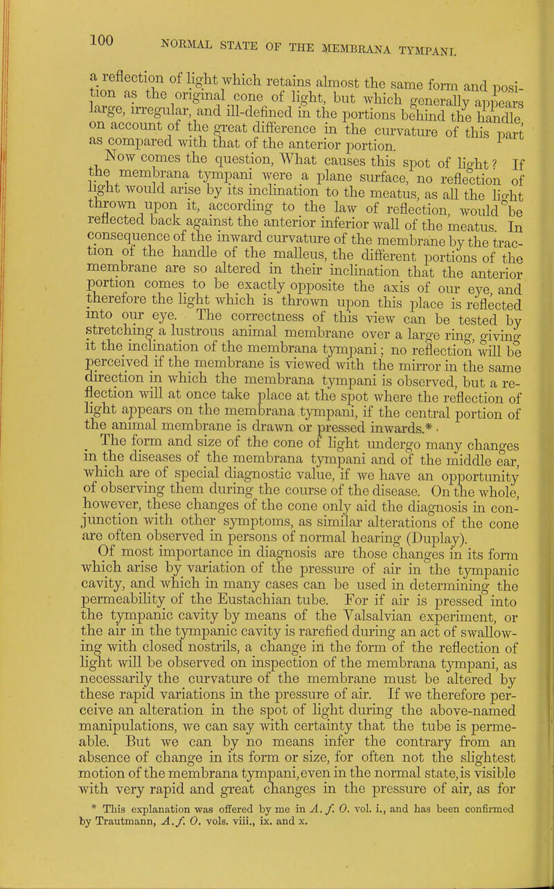 a reflection of light which retains ahnost the same form and posi- tion as the origmal cone of Hght, but which generally apilars large, irregular and ill-defined in the portions behind tSlSle on account of the great difference in the curvature of this part as compared with that of the anterior portion. ^ Now comes the question, What causes this spot of ho-ht? If the membrana tym^ani were a plane surface, no reflection of iignt would arise by its mchnation to the meatus, as aU the ho-ht thro^vn upon it, according to the law of reflection, would %e reflected back agamst the anterior mferior wall of the meatus In consequence of the inward curvature of the membrane by the trac- tion of the handle of the malleus, the difterent portions of the membrane are so altered in their inchnation that the anterior portion comes to be exactly opposite the axis of our eye and therefore the light which is tin-own upon this place is reflected into oiu- eye. The correctness of this view can be tested by stretchmg a lustrous animal membrane over a large rino-, o-ivmo- It the inclination of the membrana tympani; no reflection will be perceived if the membrane is viewed with the mirror in the same direction in which the membrana tympani is observed, but a re- flection will at once take place at the spot where the reflection of light appears on the membrana tympani, if the central portion of the animal membrane is draAvn or pressed inwards.* • The form and size of the cone of Hght undergo many changes in the diseases of the membrana tympani and of the middle ear, which are of special diagnostic value, if we have an opportunity of observing them during the course of the disease. On the whole, however, these changes of the cone only aid the diagnosis in con- junction with other symptoms, as similar alterations of the cone are often observed in persons of normal hearing (Duplay). Of most importance in diagnosis are those changes in its form which arise by variation of the pressure of air in the tympanic cavity, and which in many cases can be used in determining the permeabiht}^ of the Eustachian tube. For if air is pressed into the tyrnpanic cavity by means of the Valsalvian experiment, or the air in the tympanic cavity is rarefied during an act of swallow- ing with closed nostrils, a change in the form of the reflection of light will be observed on inspection of the membrana tjnnpani, as necessarily the curvature of the membrane must be altered by these rapid variations in the pressure of air. If we therefore per- ceive an alteration in the spot of hght during the above-named manipulations, we can say with certainty that the tube is perme- able. But we can by no means infer the contrary from an absence of change in its form or size, for often not the shghtest motion of the membrana tympani, even in the normal state, is visible with very rapid and great cnanges in the pressure of air, as for * This explanation was offered by me in ^./. 0. vol. i., and has been confirmed by Trautmann, A,/. 0, vols, viii., ix. and x.