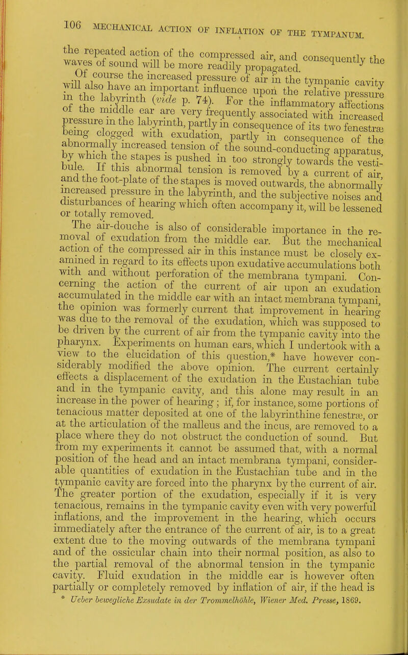 tlie repeated action of the compressed air, and conseauentlv tho waves ol sound will be more readily propagated ^''^'^^^1^ will owT ^ ^ci-e-^sed pres;sure of air in the tympanic cavity )vdl also have an important mfluence upon the rdative nressmv m he labvrinth {vide p. 74> For thl inflammator; aCt im of the middle ear are very frequently associated wit& increased pressure m the labyrmth, partly in consequence of its twoTneto being clogged with exudation, partly in consequence of the abnormally mcreased tension of the sound-conductino- apparatus bj;i: If  T^^^- ^'^'^^^y towar^sTeTes : bule If this abnormal tension is removed by a current of air and the foot-plate of the stapes is moved outwari^trZoi^maUy mcreased pressm^e m the labyrmth, and the subjective noises and ?r1l%Te'^^^^^^ accompany it, will be lessened The air-douche is also of considerable importance in the re- moval of exudation from the middle ear. But the mechanical action of the compressed ah in this mstance must be closely ex- ammed m regard to its effects upon exudative accumulations both with and without perforation of the membrana tympani Con- cerning the action of the current of air upon an exudation accumulated m the middle ear with an intact membrana tympani the opinion was formerly current that improvement in hearino- was due to the removal of the exudation, which was supposed to be chiven by the current of air from the tympanic cavity into the pharynx. Experiments on human ears, which I undertook with a view to the elucidation of this question * have however con- siderably modified the above opinion. The current certainly effects a displacement of the exudation in the Eustacliian tube and in the tympanic cavity, and this alone may result in an increase in the power of hearing ; if, for mstance, some portions of tenacious matter deposited at one of the labyrinthme fenestne, or at the articulation of the malleus and the mcus, are removed to a place where they do not obstruct the conduction of sound. But from my experunents it cannot be assumed that, with a normal position of the head and an intact membrana tympani, consider- able quantities of exudation in the Eustachian tube and m the tympanic cavity are forced into the pharynx by the current of air. The greater portion of the exudation, especially if it is very tenacious, remains in the tympanic cavity even with very powerful inflations, and the improvement in the hearmg, which occurs immediately after the entrance of the current of air, is to a great extent due to the moving outwards of the membrana tjmipani and of the ossicular cham into their normal position, as also to the partial removal of the abnormal tension m the tympanic cavity. Fluid exudation in the middle ear is however often partially or completely removed by mflation of air, if the head is * Ueher hewegliche Exsudate in der Trommelhohle, Wiener Med. Fresse, 1869.