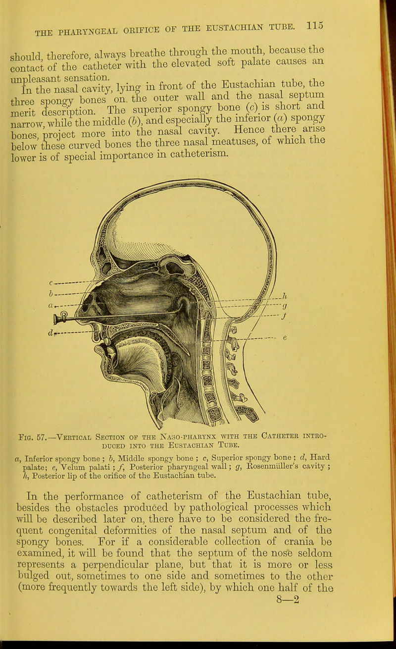 should therefore, always breathe through the mouth because the contoct of the c^thetelr with the elevated soft palate causes an 'TnTrmsTc^^^^^^ lying in front of the Eustachian tube, the three « br^^^^ outer wall and the nasal septum S TescrVon. The superior spongy bone (c),is short and nanw while the middle (6), and especially the inferior (a) spongy bonerproject more into the nasal cavity. Hence there arise below tliese curved bones the three nasal meatuses, of which the lower is of special importance in catheterism. Fig. 57.—Vertical Section of the NAao-PHAEYNX with the Catheter intro- duced INTO the Eustachian Tube. a, Inferior spongy bone ; h, Middle spongy bone ; c, Superior spongy bone ; d, Hard palate; e, Velum palati; /, Posterior pharyngeal wall; g, Kosenmiiller's cavity ; h, Posterior lip of the orifice of the Eustachian tube. In the performance of catheterism of the Eustachian tube, besides the obstacles produced by pathological processes which will be described later on, there have to be considered the fre- quent congenital deformities of the nasal septum and of the spongy bones. For if a considerable collection of crania be examined, it will be found that the septum of the nose seldom represents a perpendicular plane, but that it is more or less biilged out, sometimes to one side and sometimes to the other (more frequently towards the left side), by which one half of the 8—2