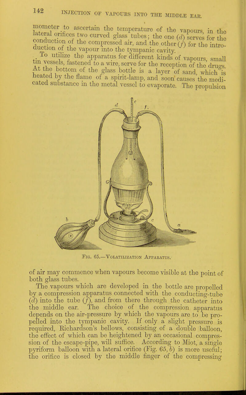 1 mometer to ascertain the temperature of the vapours in the lateral orifices two curved glass tubes; the one {d) Lrves for the conduction of the compressed air, and the other (/) for the intro- duction of the vapour into the tympanic cavity. To utilize the apparatus for different kinds of vapours smaU Vt J^^^f^' fastened to a wire, serve for the reception of the'drue-s Heated by the flame of a spu-it-lamp, and soon' causes the medi- catea substance m the metal vessel to evaporate. The propulsion Tig. 65.—Volatilization Appaeatus. of air may commence when vapours become visible at the point of both glass tubes. The vapours which are developed in the bottle are propelled by a compression apparatus connected with the conducting-tube (d) into the tube (/), and from there through the catheter into the middle ear. The choice of the compression apparatus depends on the air-pressure bjr which the vapours are to be pro- pelled into the tympanic cavity. If only a slight pressure is required, Kichardson's bellows, consisting of a double balloon, the effect of which can be heightened by an occasional compres- sion of the escape-j)ipe, will suffice. According to Miot, a single pyriform balloon with a lateral orifice (Fig. 65, b) is more useful; the orifice is closed by the middle finger of the compressing