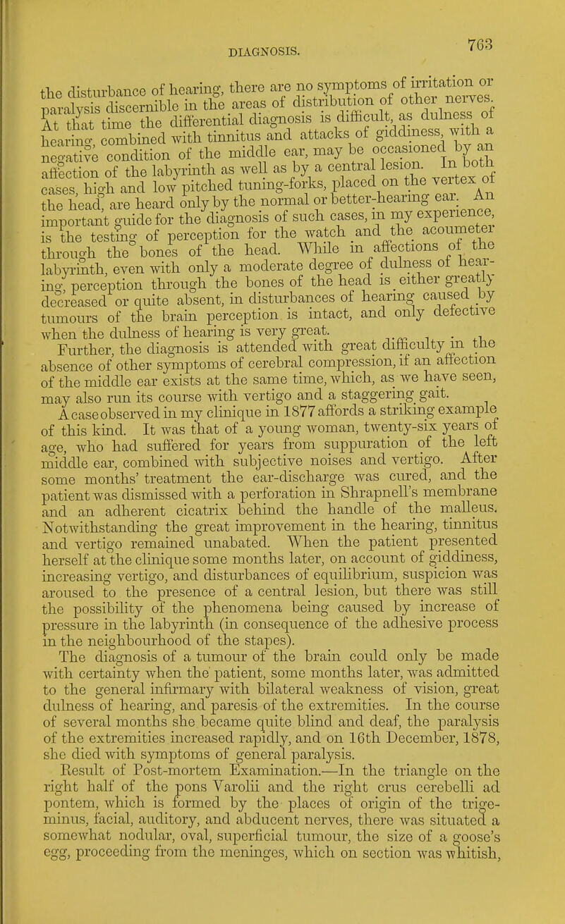 DIAGNOSIS. the disturbance of hearing, there ^-7,^1«/7,^P.^^7^^^^^ paralysis discernible in the ,areas of distribution of other^e^^^^^^^^ it that time the differential diagnosis is difficult as dulness oi hcarh-To combined with tinnitus and attacks of giddmess with a ^^^^on of the middle ear, may be occasioned by an afilction of the labyrinth as well as by a centra lesion^ In both cases hio-h and low pitched tuning-forks, placed on the vertex ot uTe head; are heard only by the normal or better-hearing ear^ An important guide for the diagnosis of such cases, m my experience is the testhig of perception for the watch .and the acoumeter through the bones of the head. While m affections of the labyrinth, even with only a moderate degree of dulness of hear- ino perception through the bones of the head is _ either greatly decreased or quite absent, m distm'bances of hearing caused by tumours of the brain perception is intact, and only defective when the duhiess of hearing is very great. . Further, the diagnosis is attended with great difficulty m tne absence of other symptoms of cerebral compression, if an affection of the middle ear exists at the same time, which, as we have seen, may also run its course with vertigo and a staggering gait. A case observed m my clinique in 1877 affords a strilang example of this kmd. It was that of a young woman, twenty-six years of age, who had suffered for years from suppuration of the left raiddle ear, combined mth subjective noises and vertigo. After some months' treatment the ear-discharge was cured, and the patient was dismissed with a perforation in Shrapnell's membrane and an adherent cicatrix behind the handle of the malleus. Notwithstanding the great improvement in the hearing, tinnitus and vertigo remained unabated. When the patient presented herself at'the clinique some months later, on account of giddiness, increasing vertigo, and disturbances of equilibrium, suspicion was aroused to the presence of a central lesion, but there was still the possibility of the phenomena being caused by increase of pressure ui the labyrinth (in consequence of the adhesive process in the neighbourhood of the stapes). The diagnosis of a tumour of the brain could only be made with certainty when the' patient, some months later, was admitted to the general infirmary with bilateral weakness of vision, great dulness of hearing, and paresis of the extremities. In the course of several months she became quite blind and deaf, the paralysis of the extremities increased rapidly, and on 16th December, 1878, she died with symptoms of general paralysis. Result of Post-mortem Examination.—In the triangle on the right half of the pons Varolii and the right cms cerebelli ad pontem, which is formed by the places of origin of the trige- minus, facial, auditory, and abducent nerves, there was situated a somewhat nodular, oval, superficial tumour, the size of a goose's egg, proceeding from the meninges, which on section Avas whitish,