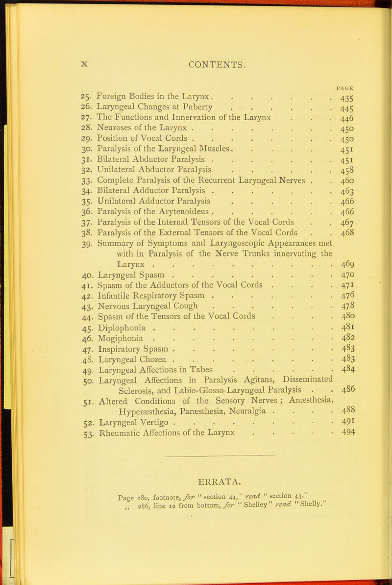 PAGE 25. Foreign Bodies in the Larynx 435 26. Laryngeal Changes at Puberty 445 27. The Functions and Innervation of the Larynx . . . 446 28. Neuroses of the Larynx ........ 450 29. Position of Vocal Cords 450 30. Paralysis of the Laryngeal Muscles..... 451 31. Bilateral Abductor Paralysis 451 32. Unilateral Abductor Paralysis 458 33. Complete Paralysis of the Recurrent Laryngeal Nerves . . 460 34. Bilateral Adductor Paralysis 463 35. Unilateral Adductor Paralysis 466 36. Paralysis of the Arytenoideus 466 37. Paralysis of the Internal Tensors of the Vocal Cords . . 467 38. Paralysis of the External Tensors of the Vocal Cords . 468 39. Summary of Symptoms and Laryngoscopic Appearances met with in Paralysis of the Nerve Trunks innervating the Larynx .......... 469 40. Laryngeal Spasm 470 41. Spasm of the Adductors of the Vocal Cords .... 471 42. Infantile Respiratory Spasm 476 43. Nervous Laryngeal Cough 478 44. Spasm of the Tensors of the Vocal Cords .... 480 45. Diplophonia 481 46. Mogiphonia 482 47. Inspiratory Spasm 4&3 48. Laryngeal Chorea 4§3 49. Laryngeal Affections in Tabes 4§4 50. Laryngeal Affections in Paralysis Agitans, Disseminated Sclerosis, and Labio-Glosso-Laryngeal Paralysis . . 486 51. Altered Conditions of the Sensory Nerves ; Anaesthesia, Hyperesthesia, Paresthesia, Neuralgia .... 488 52. Laryngeal Vertigo 491 53. Rheumatic Affections of the Larynx 494 ERRATA. Page 180, footnote, for section 44, read section 43. „ 286, line 12 from bottom,/or Shelley read Shelly.