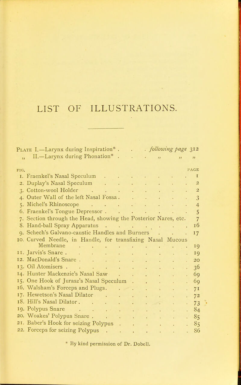 LIST OF ILLUSTRATIONS. Plate I.—Larynx during Inspiration* . . . folloiving page 312 It II.—Larynx during Phonation* „ „ }} FIG. PAGE I. Fraenkel's Nasal Speculum ...... I 2. Duplay's Nasal Speculum ...... 2 3- Cotton-wool Holder ....... 2 4- Outer Wall of the left Nasal Fossa 3 5- Michel's Rhinoscope ....... 4 6. Fraenkel's Tongue Depressor ...... 5 7- Section through the Head, showing the Posterior Nares, etc. 7 8. Hand-ball Spray Apparatus ...... . 16 9- Schech's Galvano-caustic Handles and Burners 17 10. Curved Needle, in Handle, for transfixing Nasal Mucous Membrane • 19 11. Jarvis's Snare ......... ■ 19 12. MacDonald's Snare ........ 20 13- Oil Atomisers ......... • 36 14. Hunter Mackenzie's Nasal Saw ..... . 69 15- One Hook of Jurasz's Nasal Speculum .... • 69 16. Walsham's Forceps and Plugs. ..... • 7i '7- Hewetson's Nasal Dilator ...... • 72 18. Hill's Nasal Dilator • 73 19. Polypus Snare ........ . 84 20. Woakes' Polypus Snare ....... • 85 21. Baber's Hook for seizing Polypus • 85 22. Forceps for seizing Polypus ...... . 86 * By kind permission of Dr. Dobell.