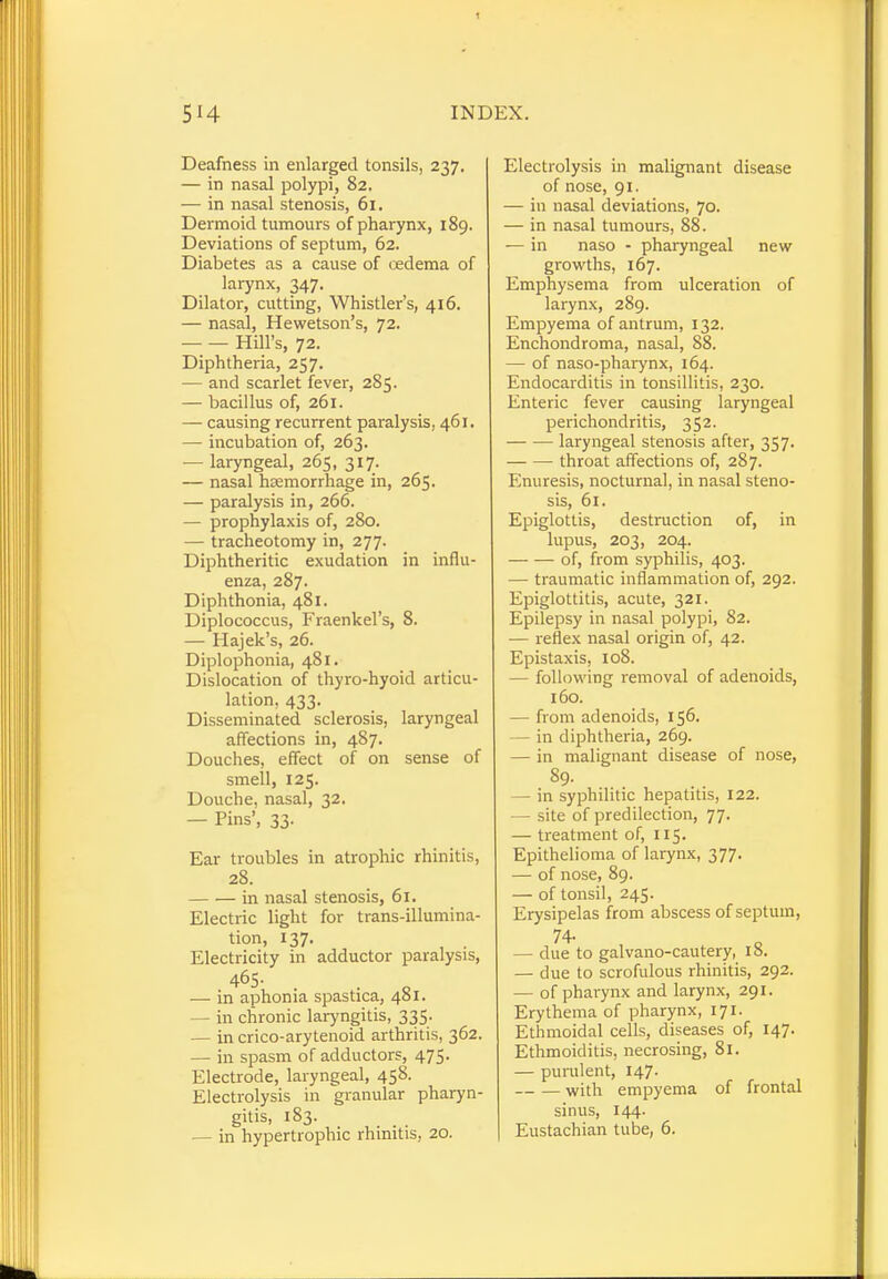 Deafness in enlarged tonsils, 237. — in nasal polypi, 82. — in nasal stenosis, 61. Dermoid tumours of pharynx, 189. Deviations of septum, 62. Diabetes as a cause of oedema of larynx, 347. Dilator, cutting, Whistler's, 416. — nasal, Hewetson's, 72. Hill's, 72. Diphtheria, 257. — and scarlet fever, 285. — bacillus of, 261. — causing recurrent paralysis. 461. — incubation of, 263. — laryngeal, 265, 317. — nasal hemorrhage in, 265. — paralysis in, 266. — prophylaxis of, 280. — tracheotomy in, 277. Diphtheritic exudation in influ- enza, 287. Diphthonia, 481. Diplococcus, Fraenkel's, 8. — Hajek's, 26. Diplophonia, 481. Dislocation of thyro-hyoid articu- lation, 433. Disseminated sclerosis, laryngeal affections in, 487. Douches, effect of on sense of smeil, 125. Douche, nasal, 32. — Pins', 33. Ear troubles in atrophic rhinitis, 28. in nasal stenosis, 61. Electric light for trans-illumina- tion, 137. Electricity in adductor paralysis, 465- . — in aphonia spastica, 481. - in chronic laryngitis, 335. — in crico-arytenoid arthritis, 362. — in spasm of adductors, 475. Electrode, laryngeal, 458. Electrolysis in granular pharyn- gitis, 183. — in hypertrophic rhinitis, 20. Electrolysis in malignant disease of nose, 91. — in nasal deviations, 70. — in nasal tumours, 88. — in naso - pharyngeal new growths, 167. Emphysema from ulceration of larynx, 289. Empyema of antrum, 132. Enchondroma, nasal, 88. — of naso-pharynx, 164. Endocarditis in tonsillitis, 230. Enteric fever causing laryngeal perichondritis, 352. laryngeal stenosis after, 357. throat affections of, 287. Enuresis, nocturnal, in nasal steno- sis, 61. Epiglottis, destruction of, in lupus, 203, 204. — — of, from syphilis, 403. — traumatic inflammation of, 292. Epiglottitis, acute, 321. Epilepsy in nasal polypi, 82. — reflex nasal origin of, 42. Epistaxis, 108. — following removal of adenoids, 160. — from adenoids, 156. — in diphtheria, 269. — in malignant disease of nose, — in syphilitic hepatitis, 122. — site of predilection, 77. — treatment of, 115. Epithelioma of larynx, 377. — of nose, 89. — of tonsil, 245. Erysipelas from abscess of septum, 74- — due to galvano-cautery, 10. — due to scrofulous rhinitis, 292. — of pharynx and larynx, 291. Erythema of pharynx, 171. Ethmoidal cells, diseases of, 147. Ethmoiditis, necrosing, 81. — purulent, 147- with empyema of frontal sinus, 144. Eustachian tube, 6.