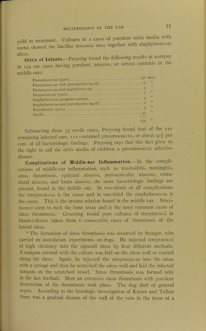 yield to treatment. Cultures in 2 cases of purulent otitis media with ozena showed the bacillus mucosus once together with staphylococcus Otitis of Infants.-Preysing found the following results at autopsy in 154 ear cases having purulent, mucous, or serous contents in the middle ears: 1 \ 06 ears. Pneumococcus (pure) • * (( Pneumococcus with putrefactive bacilli I3 Pneumococcus and staphylococcus 3 Streptococcus (pure) 1 Staphylococcus pyogenes aureus 3 Staphylococcus and putrefactive bacilli 2 Putrefactive (pure) 3 Sterile '^3 154 Subtracting these 33 sterile cases, Preysing found that of the 121 remaining infected ears, 112 contained pneumococcus, or about 92^- per cent, of all bacteriologic findings. Preysing says that this fact gives us the right to call the otitis media of children a pneumococcic infective disease. Complications of Middle-ear Inflammation —In the compli- cations of middle-ear inflammation, such as mastoiditis, meningitis, sinus thrombosis, epidural abscess, peri-auricular abscess, extra- dural abscess, and brain abscess, the same bacteriologic findings are present, found in the middle ear. In two-thirds of all complications the streptococcus is the cause and in one-third the staphylococcus is the cause. This is the inverse relation found in the middle ear. Strep- tococci seem to melt the bone away and is the most common cause of sinus thrombosis. Gruening found pure cultures of streptococci in blood-cultures taken from 6 consecutive cases of thrombosis of the lateral sinus.  The formation of sinus thrombosis was observed by Stenger, who carried on inoculation experiments on dogs. He injected streptococci of high virulency into the sigmoid sinus by four different methods. A tampon covered with the culture was laid on the sinus wall or carried along the sinus. Again, he injected the streptococcus into the sinus with a syringe and then he scratched the sinus wall and laid the infected tampon on the scratched vessel. Sinus thrombosis was formed only in the last method. Here an extensive sinus thrombosis with purulent destruction of the thrombosis took place. The dog died of general sepsis. According to the histologic investigation of Koster and Talker there was a gradual disease of the wall of the vein in the form of a