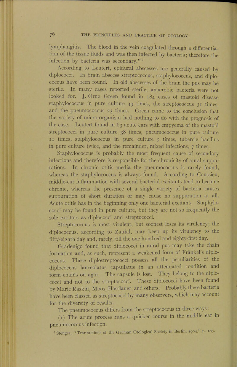 lymphangitis. The blood in the vein coagulated through a differentia- tion of the tissue fluids and was then infected by bacteria; therefore the infection by bacteria was secondary.1 According to Leutert, epidural abscesses are generally caused by diplococci. In brain abscess streptococcus, staphylococcus, and diplo- coccus have been found. In old abscesses of the brain the pus may be sterile. In many cases reported sterile, anaerobic bacteria were not looked for. J. Orne Green found in 184 cases of mastoid disease staphylococcus in pure culture 49 times, the streptococcus 31 times, and the pneumococcus 23 times. Green came to the conclusion that the variety of micro-organism had nothing to do with the prognosis of the case. Leutert found in 63 acute ears with empyema of the mastoid streptococci in pure culture 38 times, pneumococcus in pure culture 11 times, staphylococcus in pure culture 5 times, tubercle bacillus in pure culture twice, and the remainder, mixed infections, 7 times. Staphylococcus is probably the most frequent cause of secondary infections and therefore is responsible for the chronicity of aural suppu- rations. In chronic otitis media the pneumococcus is rarely found, whereas the staphylococcus is always found. According to Coussieu, middle-ear inflammation with several bacterial excitants tend to become chronic, whereas the presence of a single variety of bacteria causes suppuration of short duration or may cause no suppuration at all. Acute otitis has in the beginning only one bacterial excitant. Staphylo- cocci may be found in pure culture, but they are not so frequently the sole excitors as diplococci and streptococci. Streptococcus is most virulent, but soonest loses its virulency; the diplococcus, according to Zaufal, may keep up its virulency to the fifty-eighth day and, rarely, till the one hundred and eighty-first day. Gradenigo found that diplococci in aural pus may take the chain formation and, as such, represent a weakened form of Frankel's diplo- coccus. These diplostreptococci possess all the peculiarities of the diplococcus lanceolatus capsulatus in an attenuated condition and form chains on agar. The capsule is lost. They belong to the diplo- cocci and not to the streptococci. These diplococci have been found by Marie Raskin, Moos, Hasslauer, and others. Probably these bacteria have been classed as streptococci by many observers, which may account for the diversity of results. The pneumococcus differs from the streptococcus in three ways: (1) The acute process runs a quicker course in the middle ear in pneumococcus infection. ^tenger, Transactions of the German Otological Society in Berlin, 1904, p. 109-